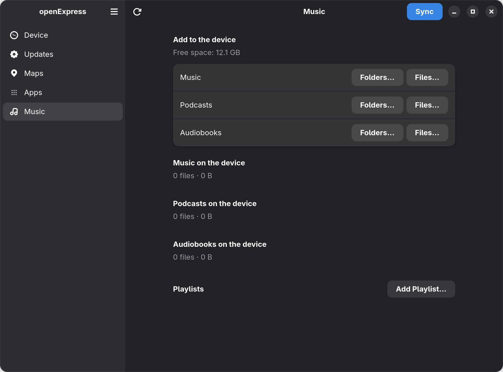 openExpress Music page for copying music, podcasts, audiobooks and playlists