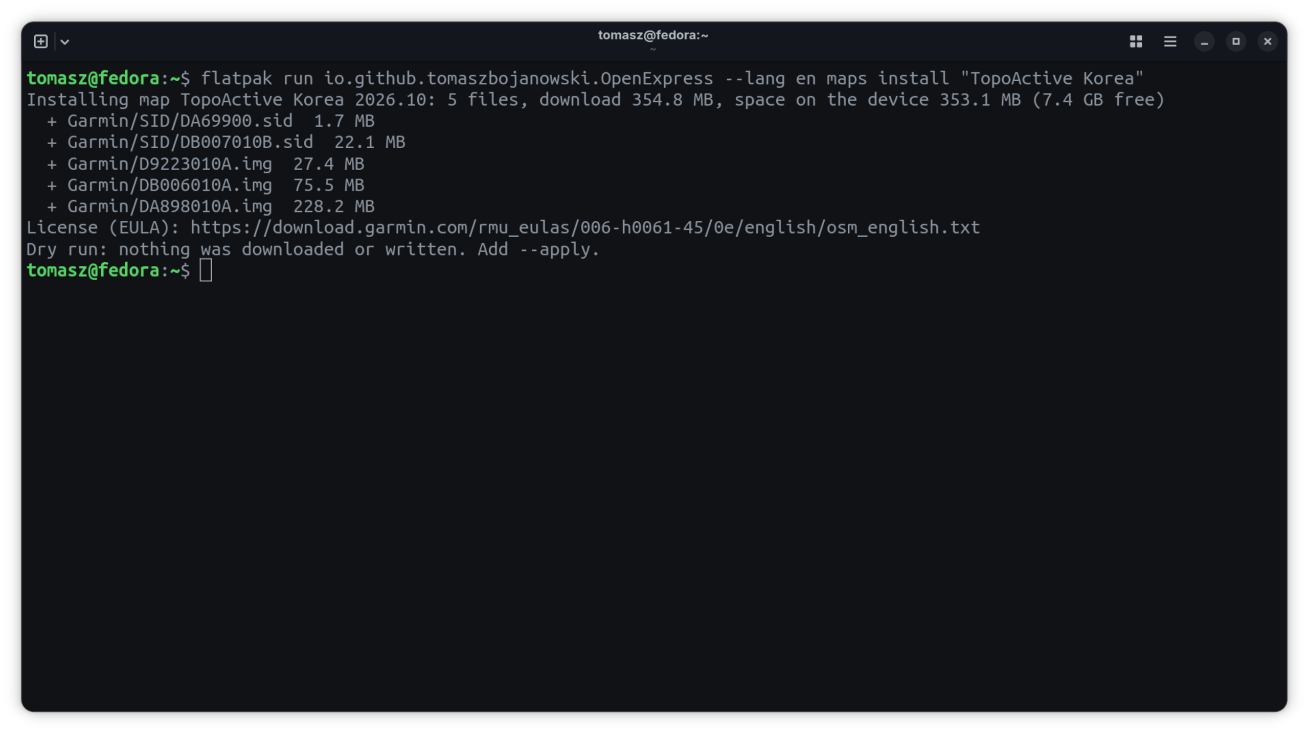 openExpress on the Linux command line showing the plan for installing the TopoActive Korea map, a dry run with nothing written to the watch