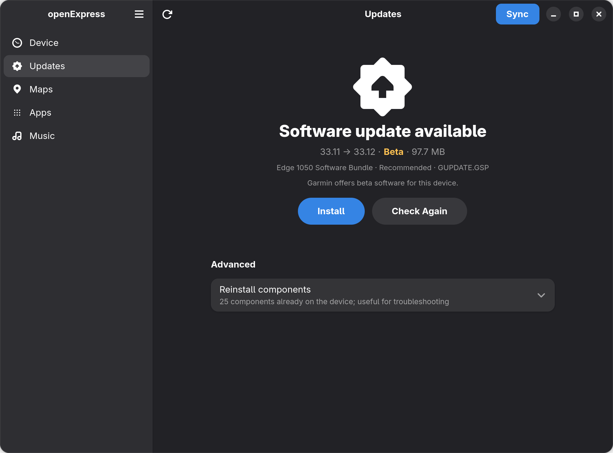 openExpress Updates page offering a public beta software update for an Edge 1050