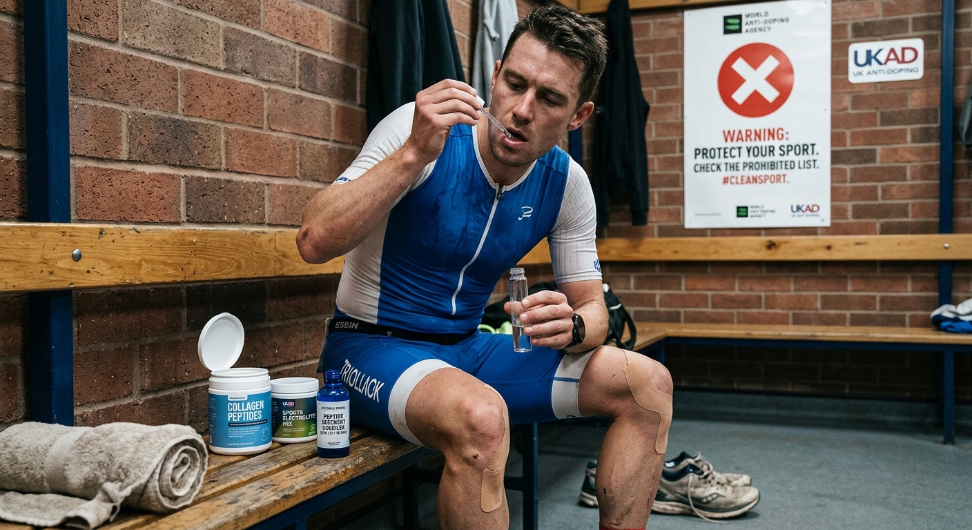 Athlete taking a peptide in a changing room beside a clean sport warning sign, illustrating BPC-157 and TB-500 on the WADA banned list