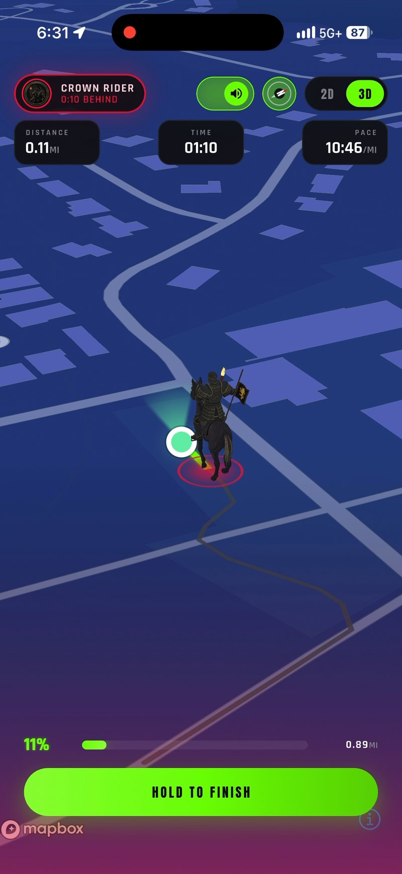 Pyre Fitness 3D map showing the mounted Crown Rider close behind the green runner marker during a real run, with the enemy ten seconds behind