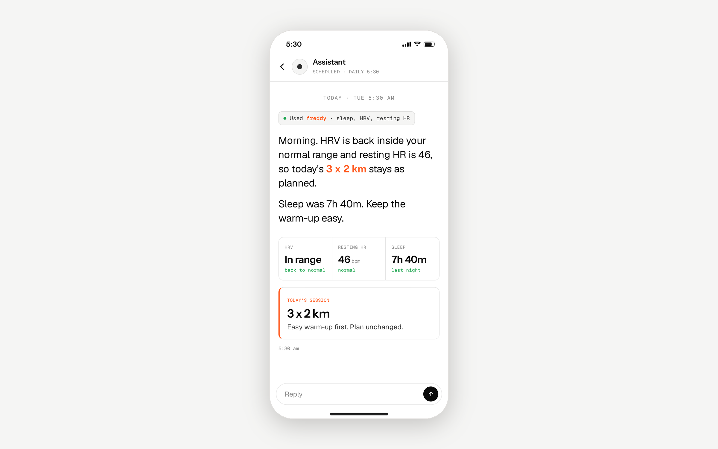 Morning message from an AI assistant using freddy data, giving today's session and flagging lower HRV and a higher resting heart rate