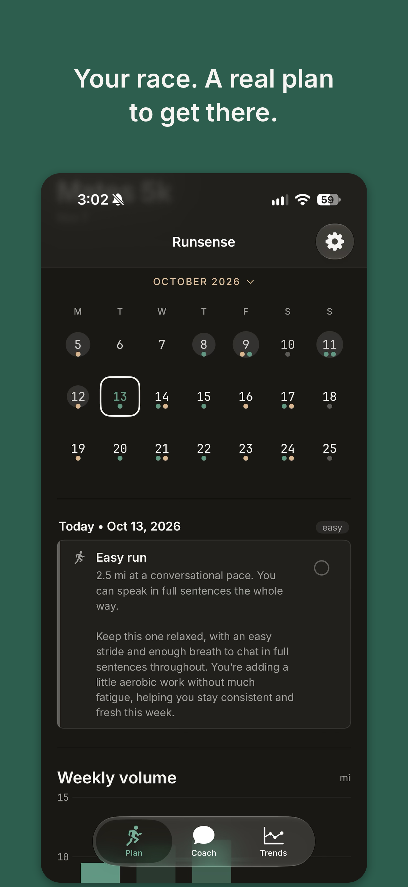 Runsense Plan screen showing the October training calendar, a 2.5-mile easy run with its description and the start of the weekly volume chart
