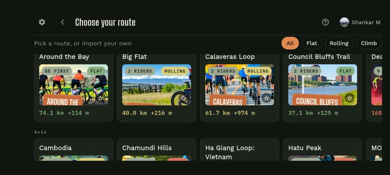 Saval Studio route picker for choosing a virtual route to ride or run on an FTMS smart trainer or treadmill