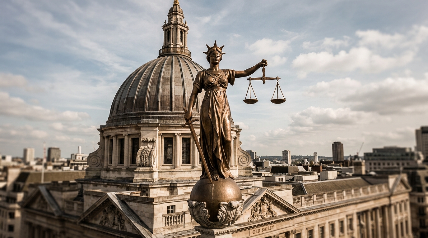 scales of justice statue old bailey lady holding scales, blindfolder facing camera at hip level
