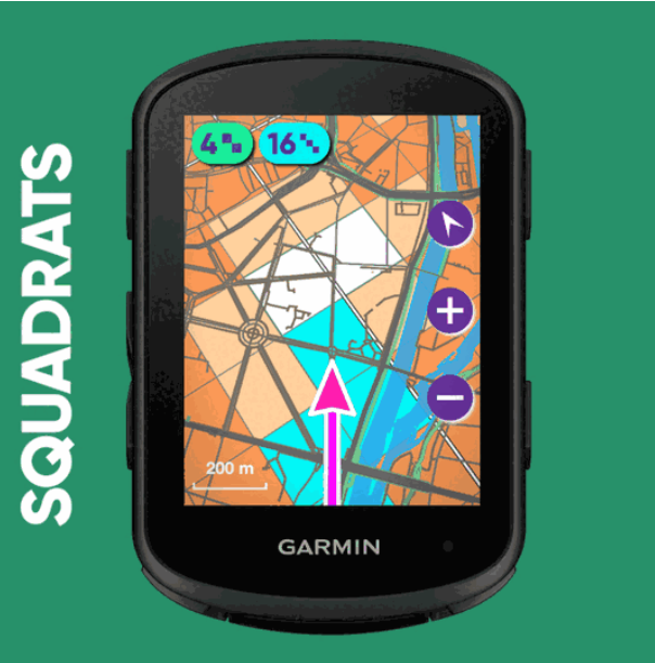 Squadrats data field on a Garmin showing owned and missing squadrats around the rider