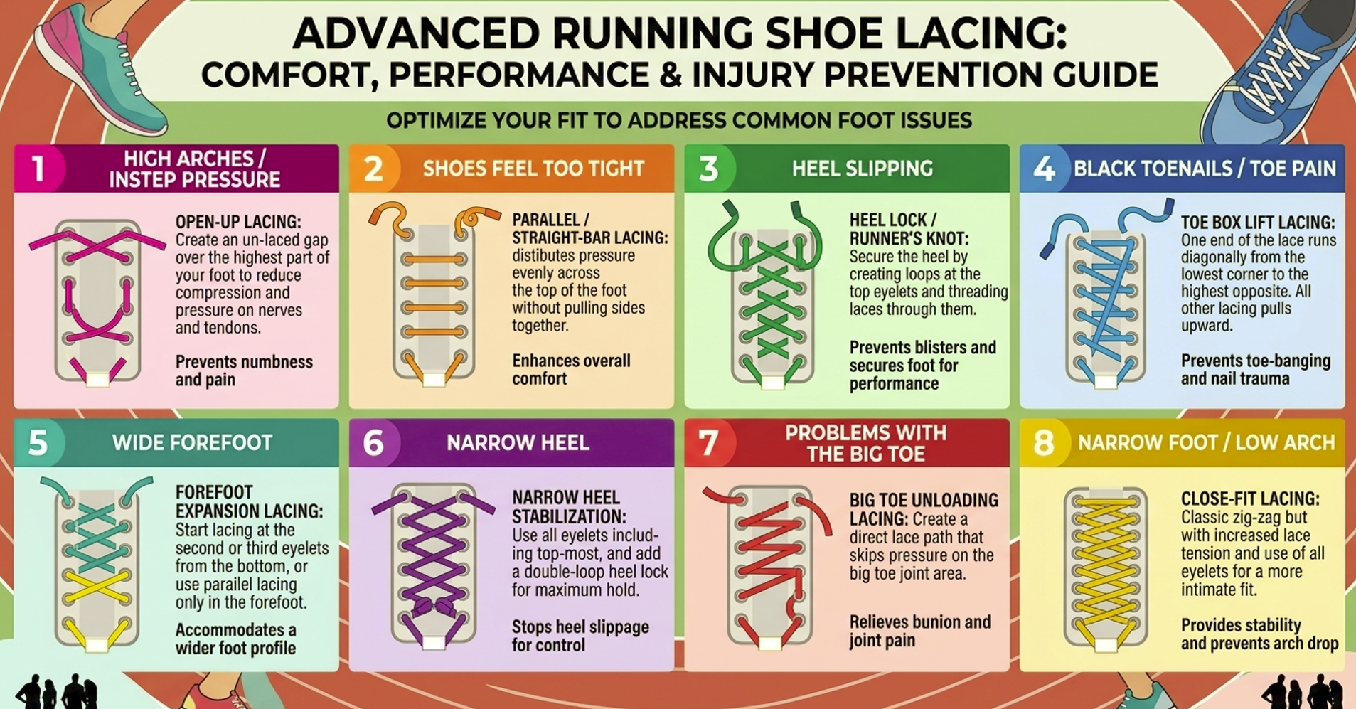 Eight running shoe lacing patterns for heel slip, black toenails, high arches, wide and narrow feet