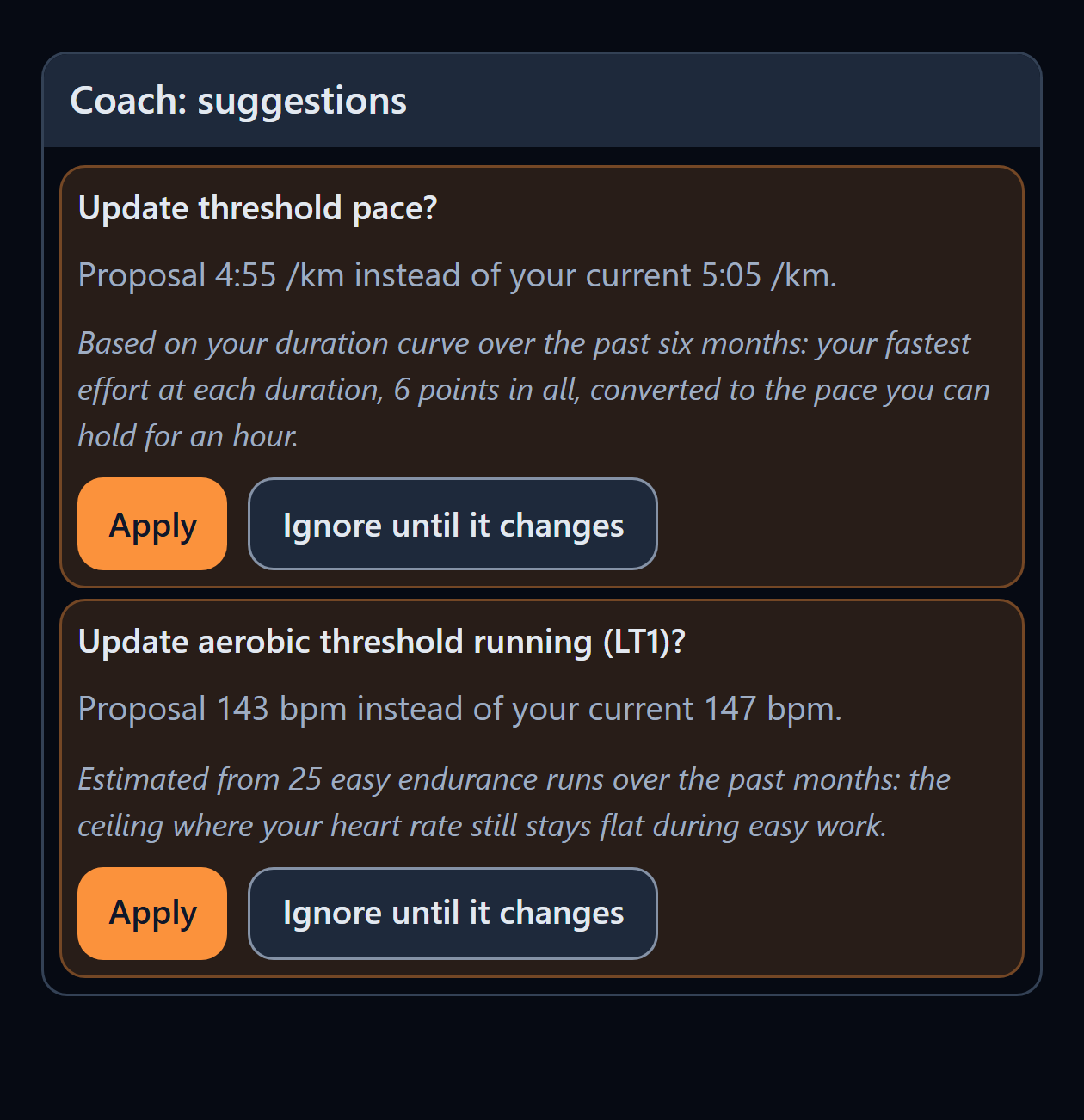 Trimetra Coach screen proposing a threshold pace of 4:55 per km instead of 5:05 and an aerobic threshold of 143 bpm instead of 147, each with Apply and Ignore buttons