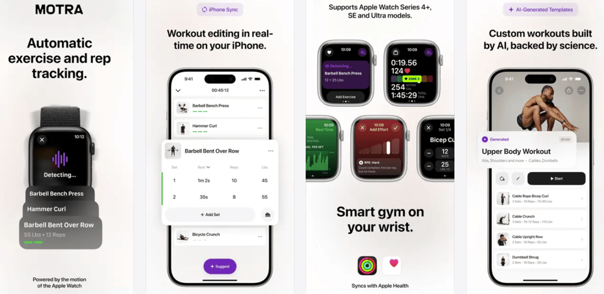 Motra App Store listing showing automatic exercise detection and rep counting on Apple Watch
