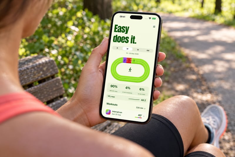Runner in a park checking Zonometry's easy, moderate and hard training balance on an iPhone