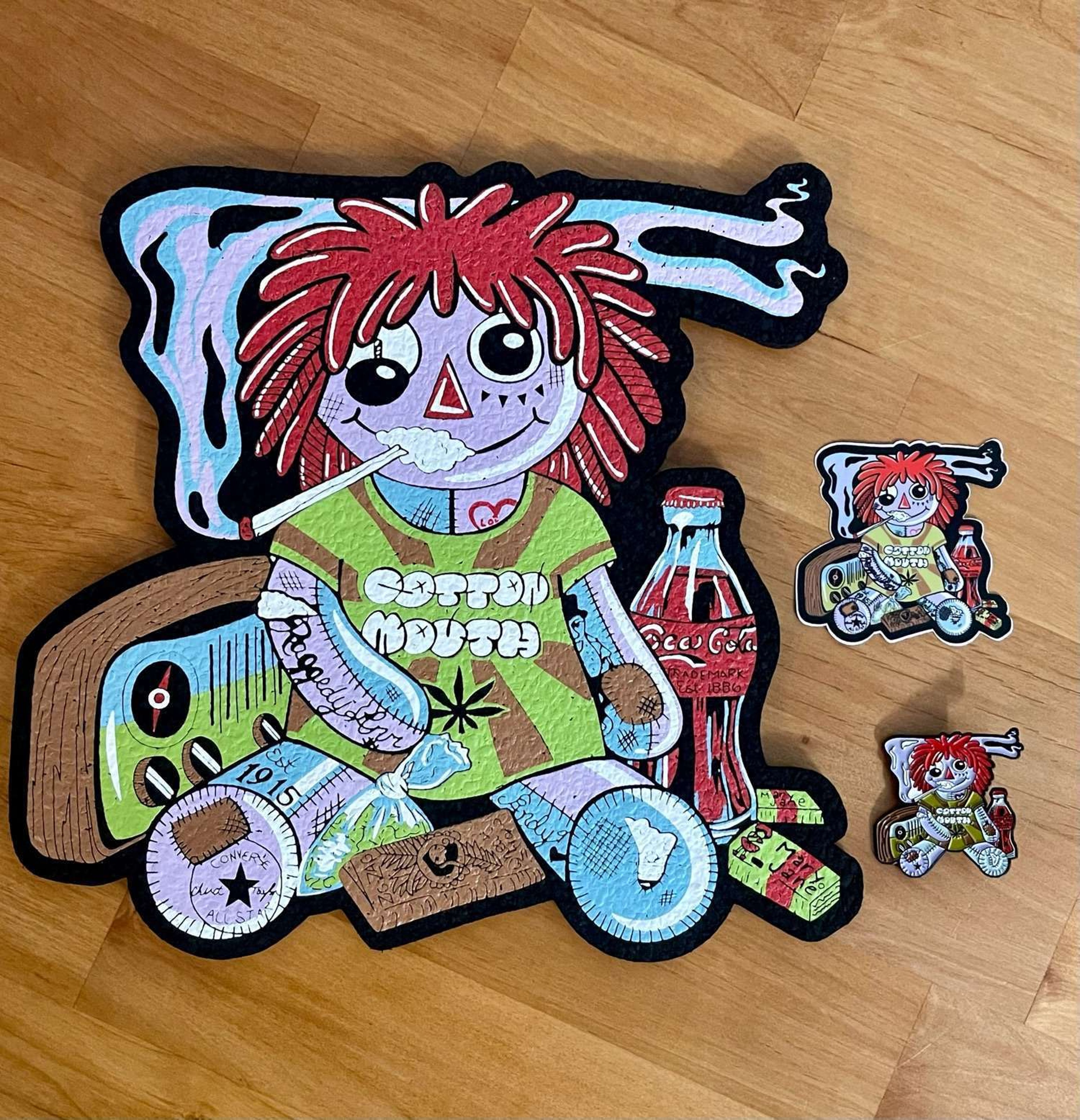Preview pic of “Cotton Mouth” limited edition Moodmat with matching slap & pin