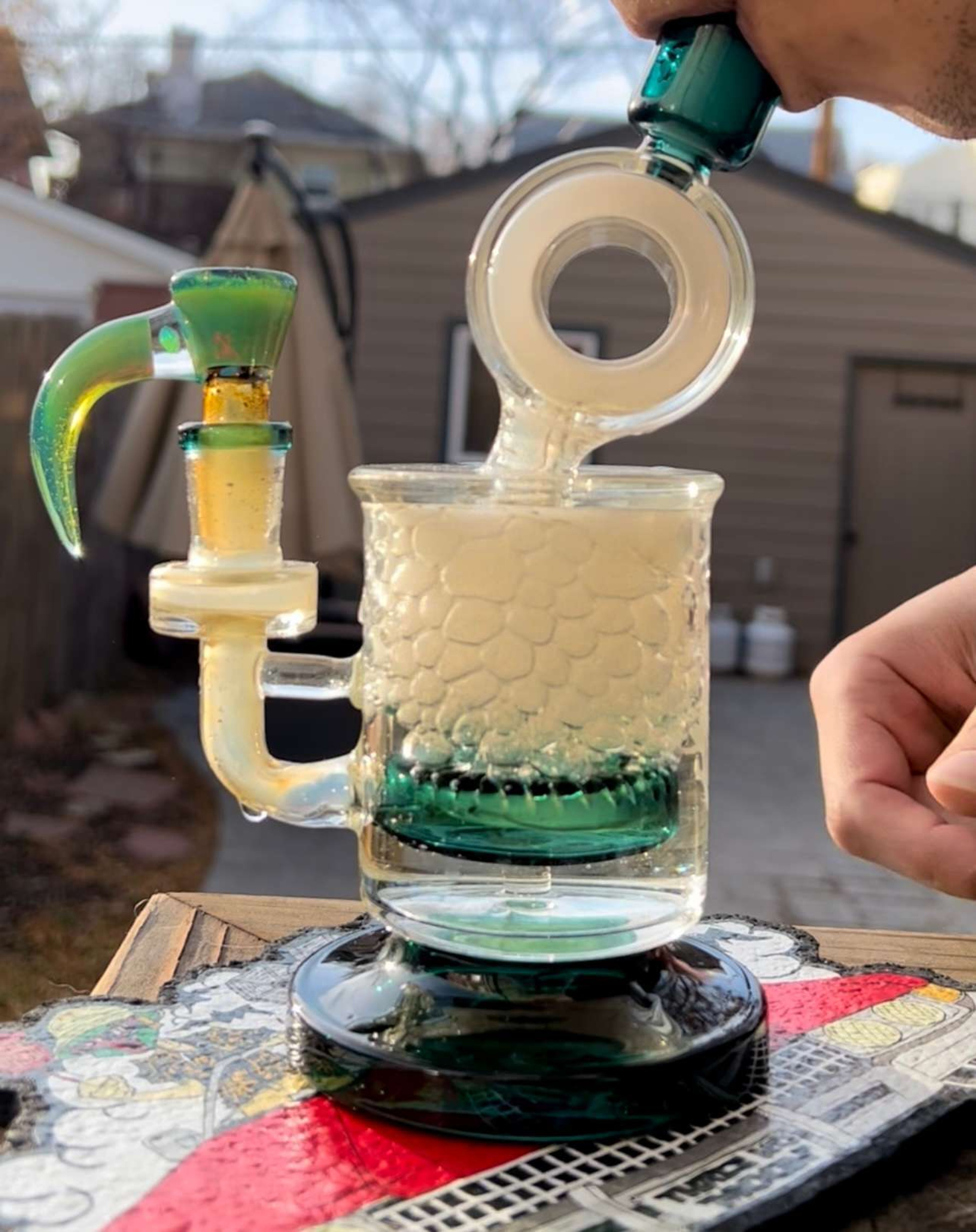 Pulsar Glass Teal mini puck perc rig. Super smooth travel piece! 14mm image 0