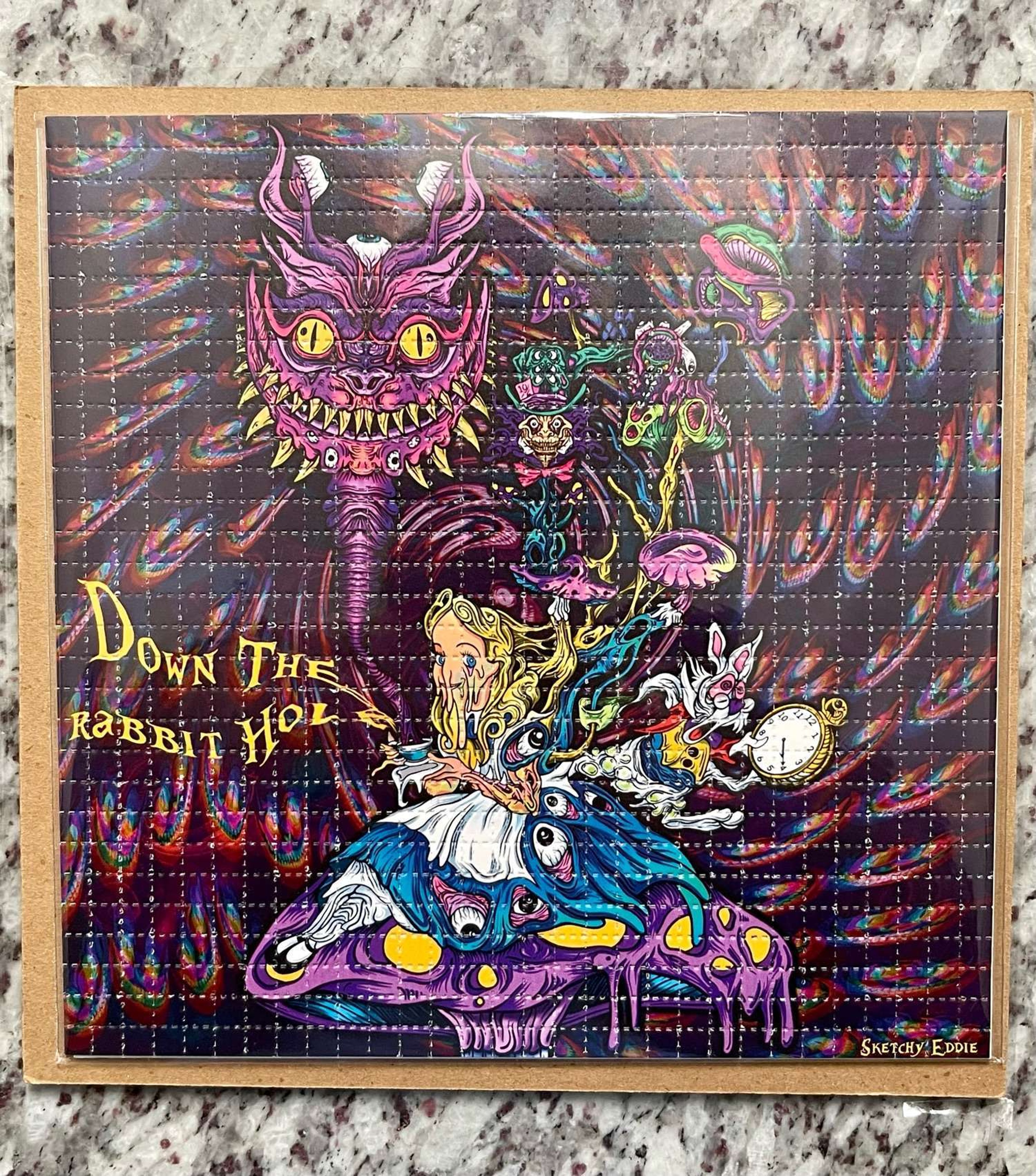 Preview pic of  “Down The Rabbit Hole” blotter art by Sketchy Eddie. Limited Edition, Sold out, Brand New