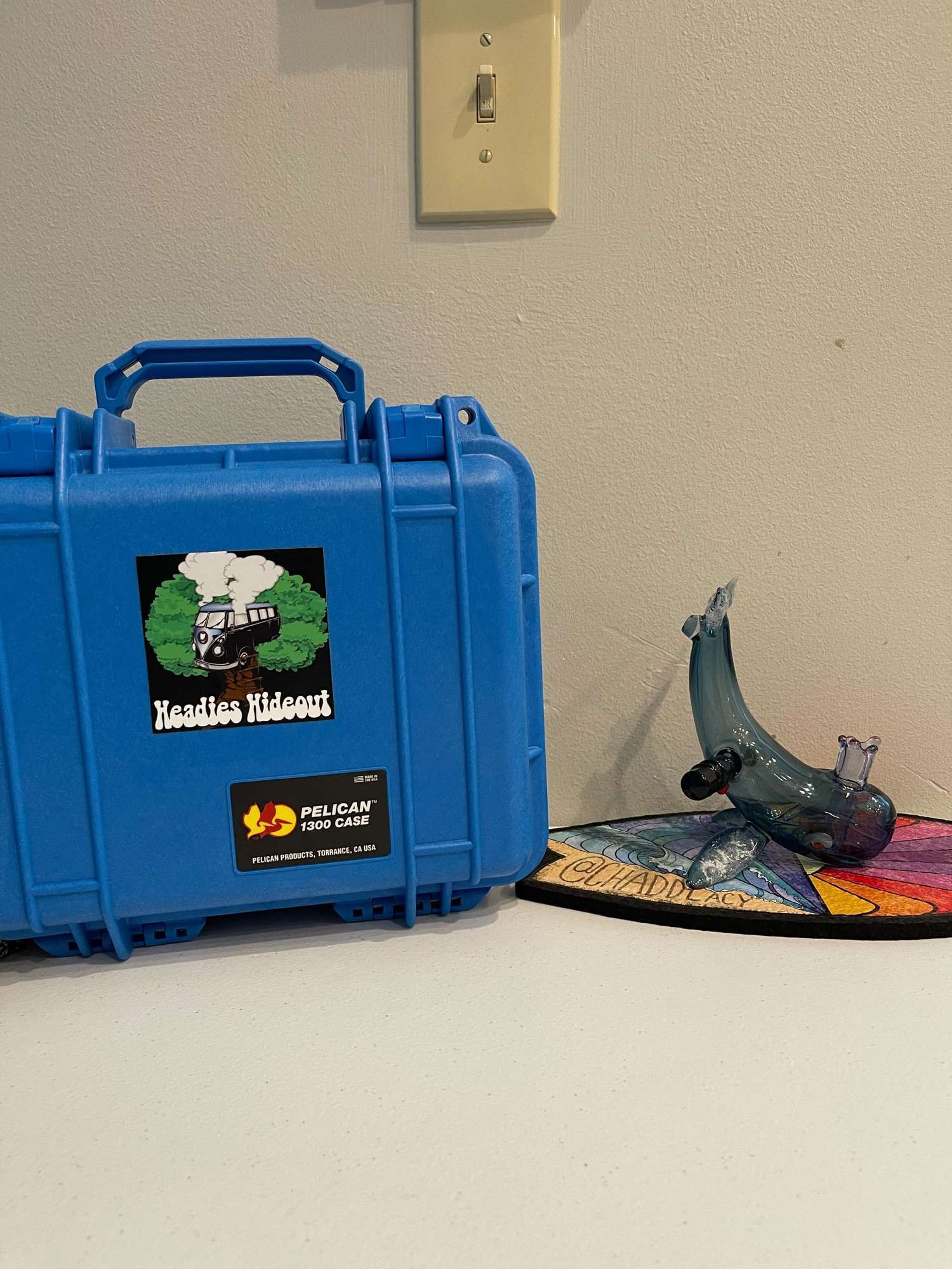 Preview pic of Chadd Lacy Moby Dick Whale in blue stardust with pelican case and mat