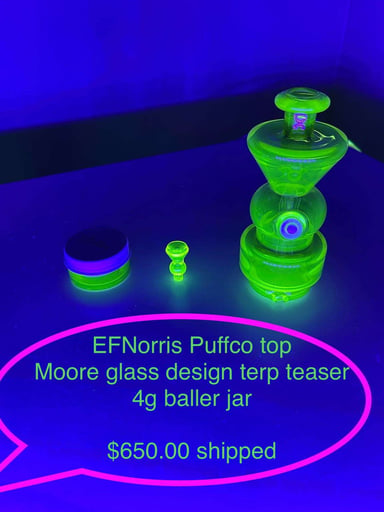 Preview pic of EF Norris UV Puffco top with Pelican case, UV baller jar and moore glass design bubble cap