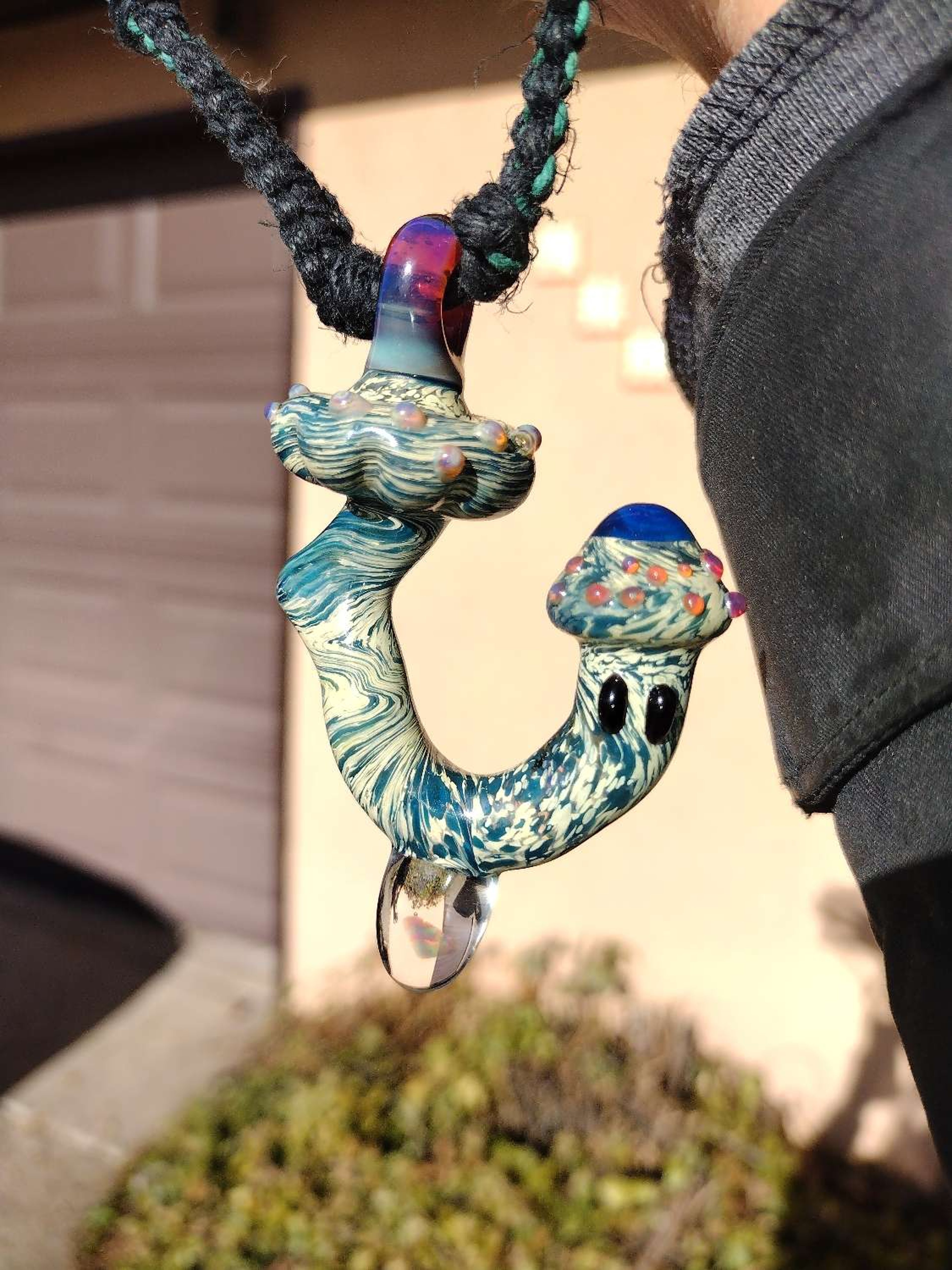 Mushrooms sculpture pendant with Rasta hemp weave image 0