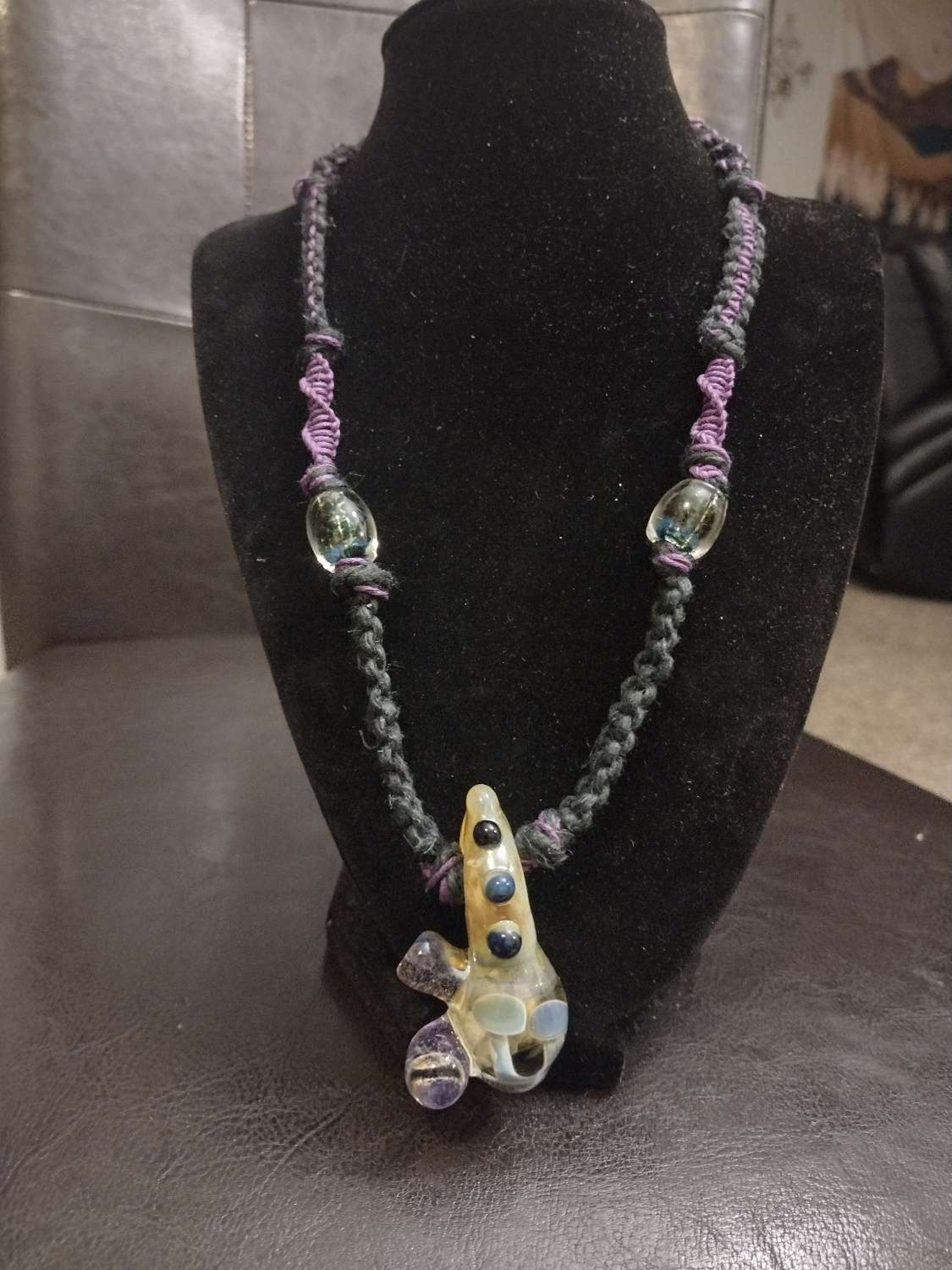 Mushroom reptile eye creature pendant with 3 beads image 0