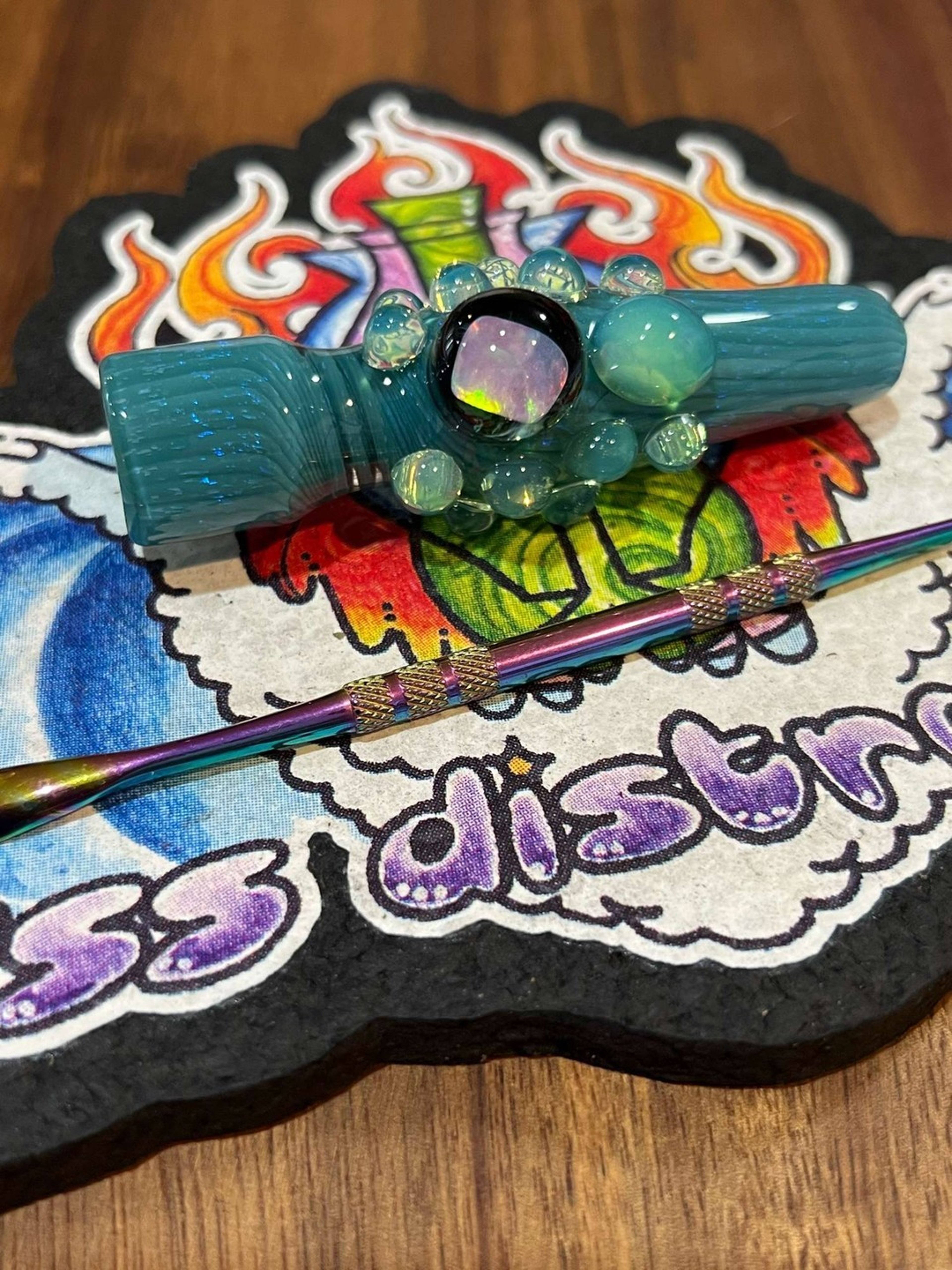 Chillum w/ Dichroic Aqua & Opal Wart  image 0