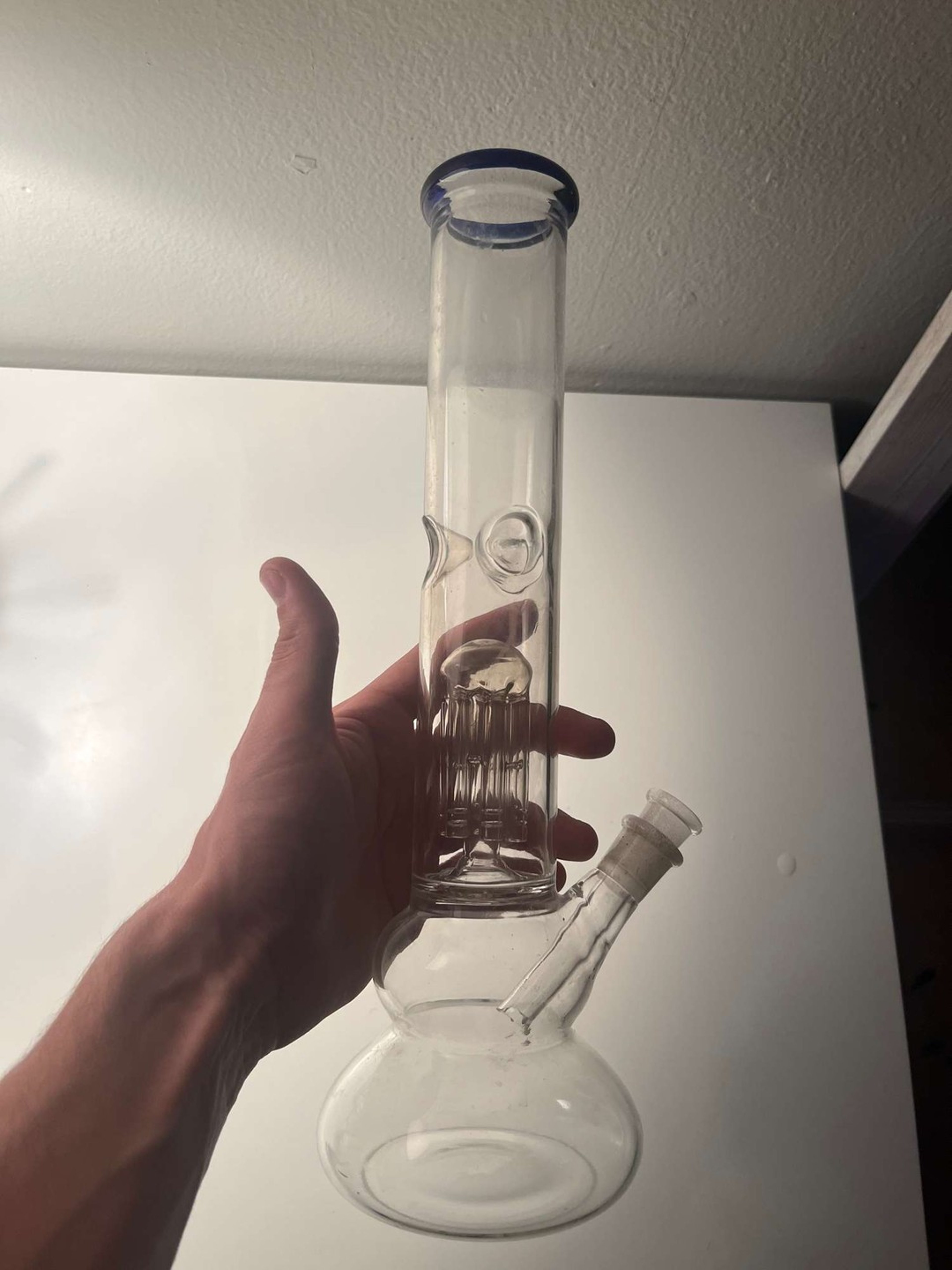 Preview pic of 12” mushroom perc wide bottom blue accented bong