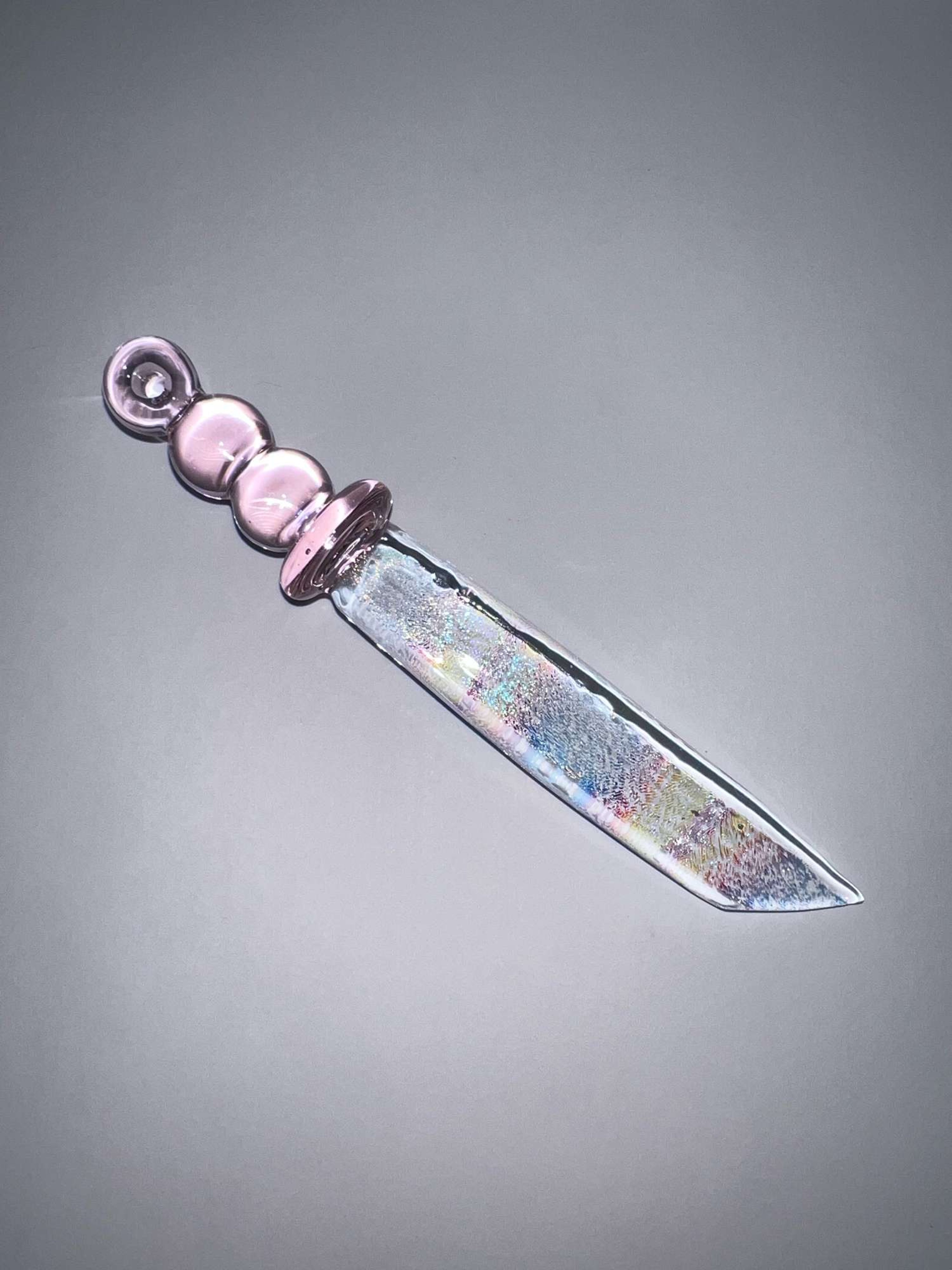 Preview pic of 4.75” Pink Dichro Katana Pendant/Dabber w Neckalcr Strings