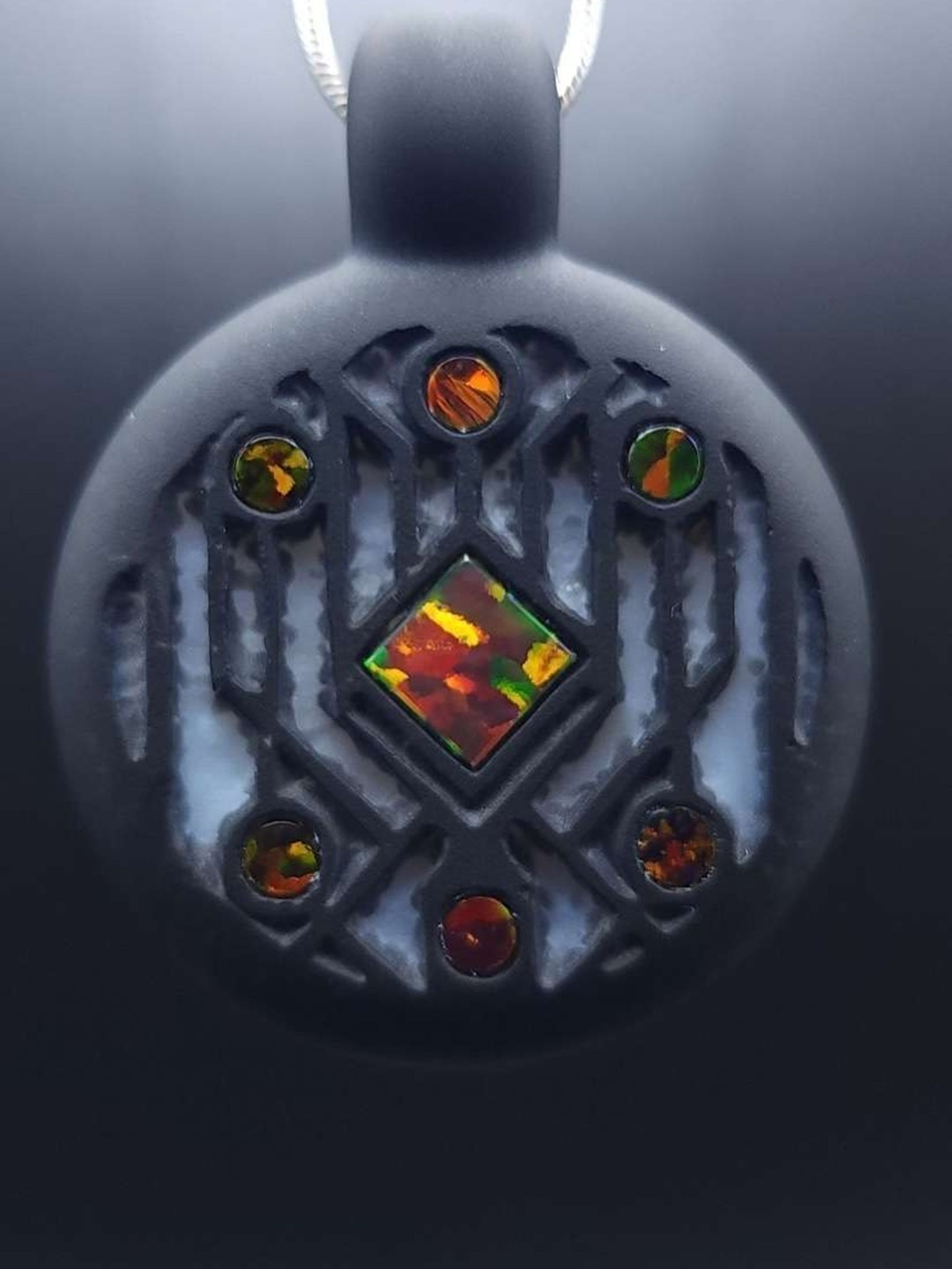 Inlaid Opal Hand Etched Art Deco Borosilicate Glass Necklace Pendant image 0