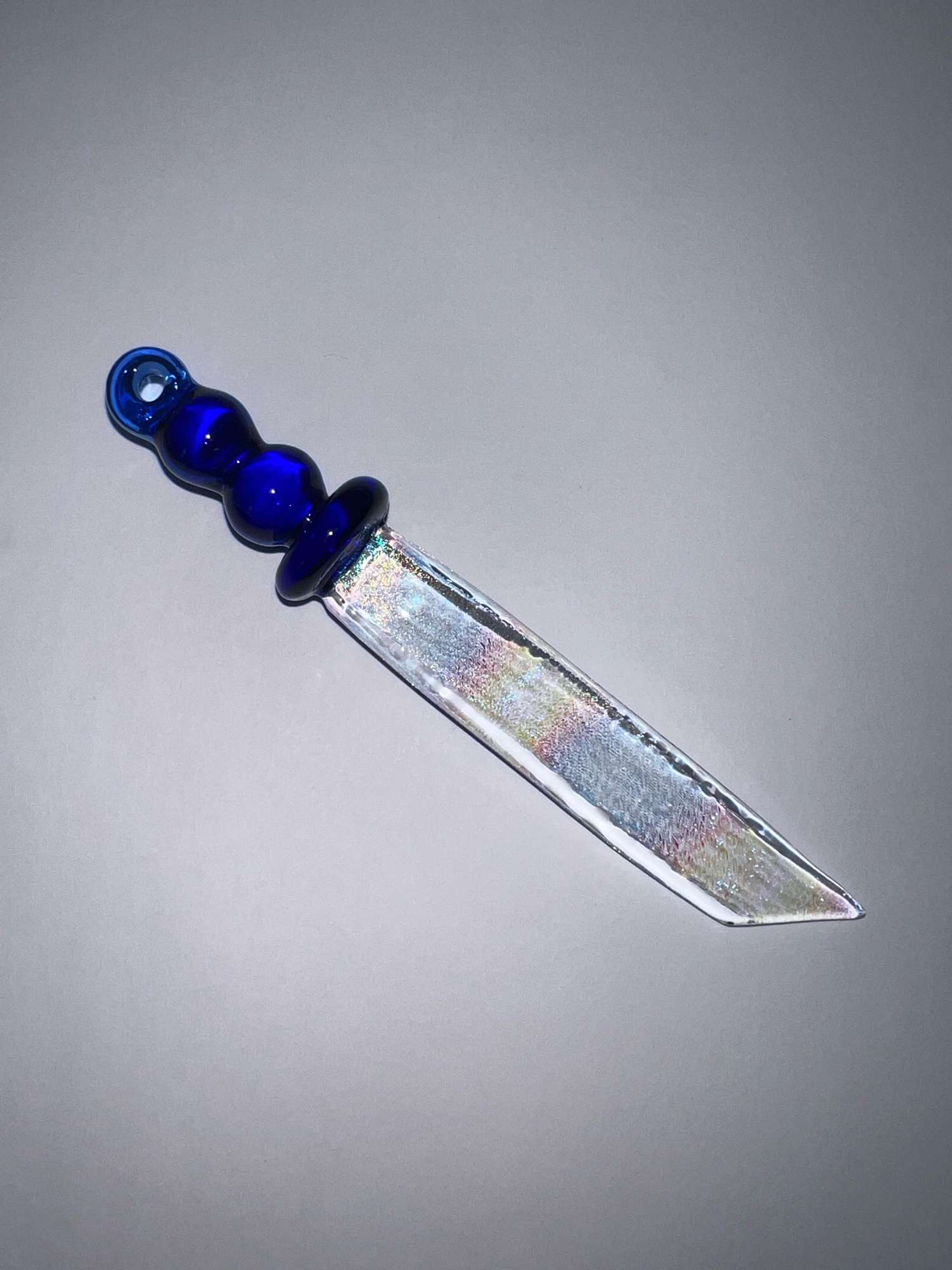 Preview pic of - 4.75” Blue Dichro Katana Pendant/Dabber w Necklace Strings 