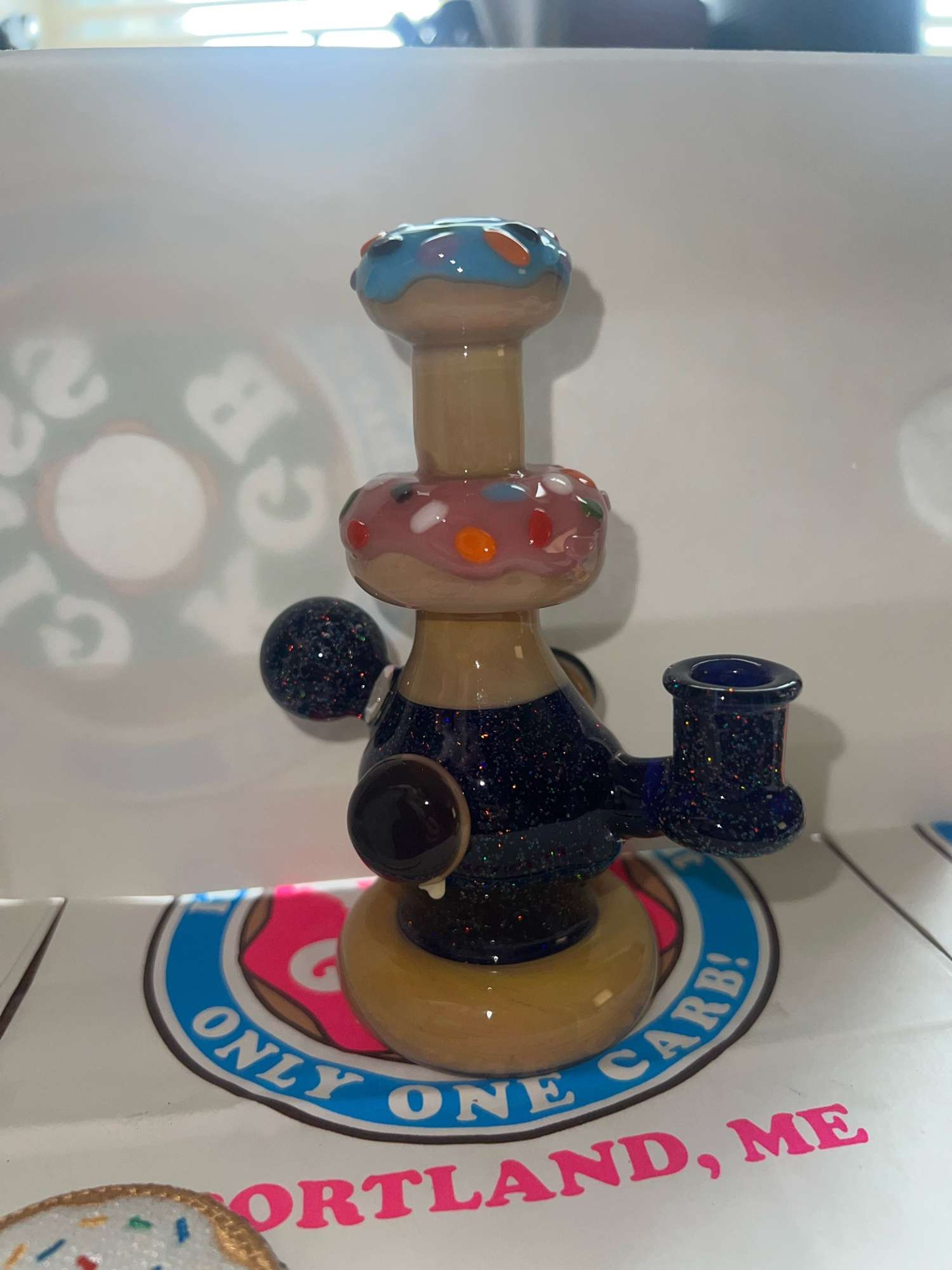 2021 Donut Fest 8 Dichroic Double Donut Stack Rig - 10mm - Blue Raspberry & Strawberry frosted w/ sprinkles, + Boston Cream Nubs image 0