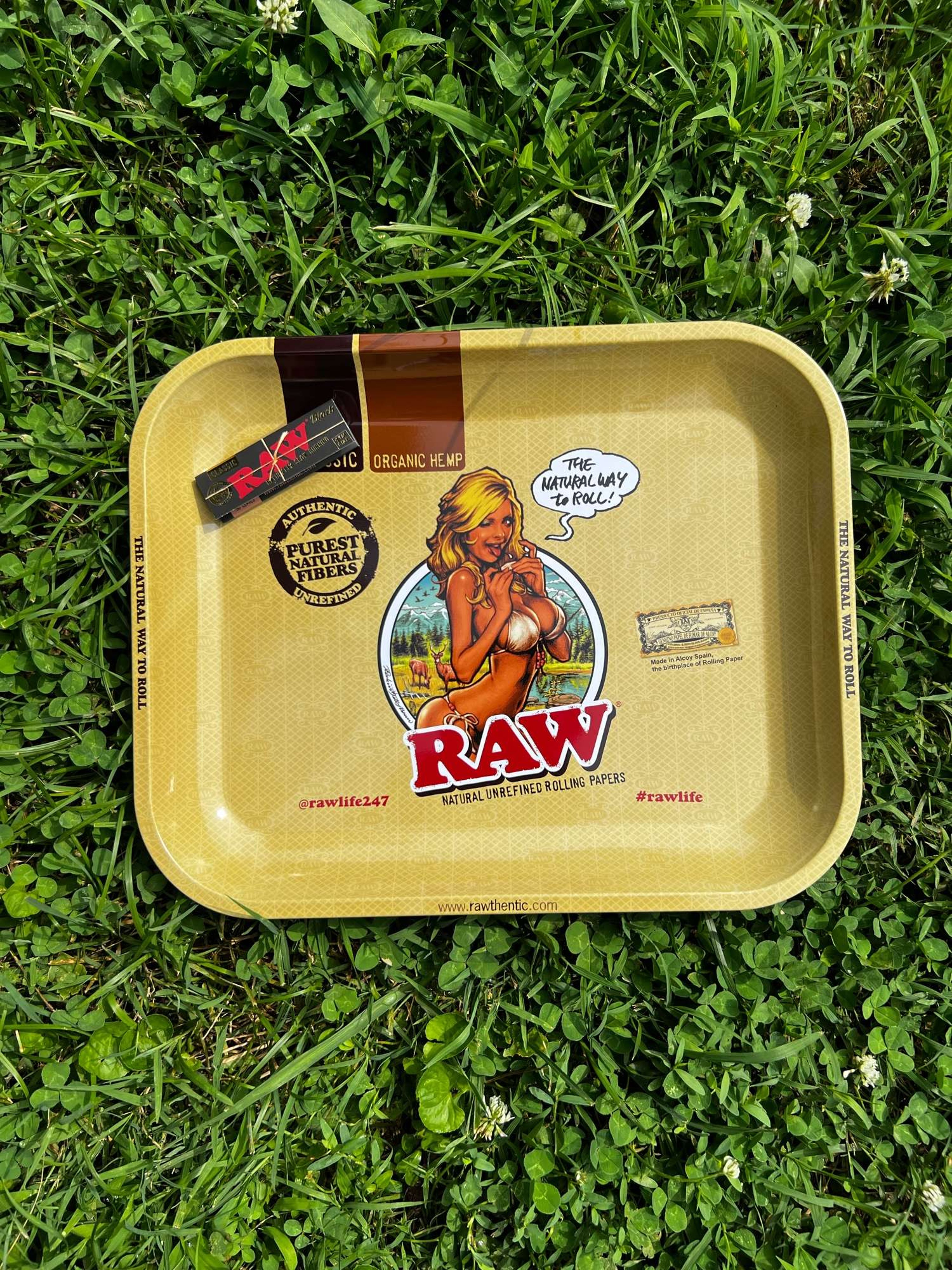 Preview pic of Raw Girl 11”x14” XL Rolling Tray with 1 Pack of Raw Black 1 1/4 Rolling Papers