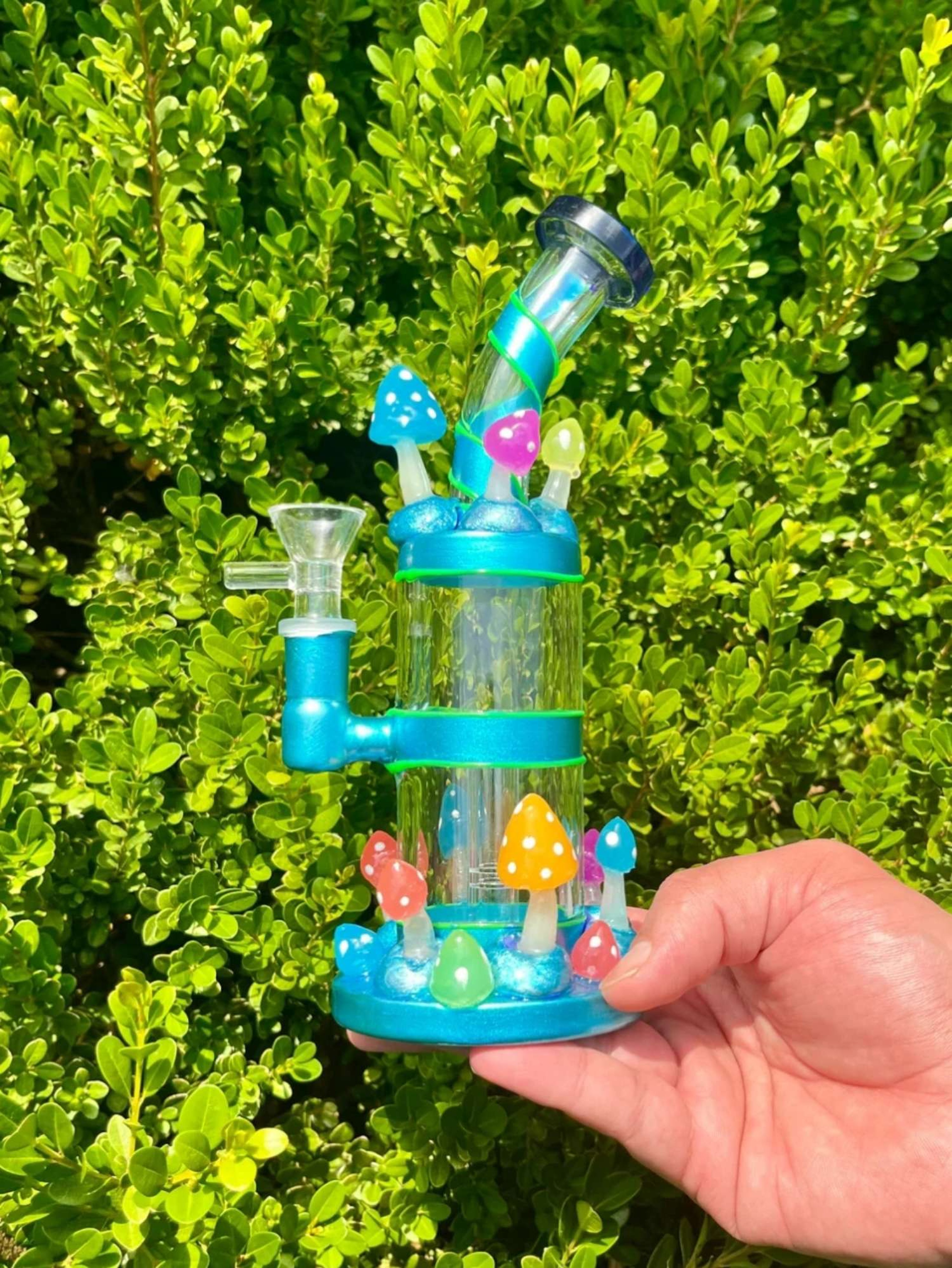 9-Inch Transparent Blue Glass Rig Water Pipe Bong with Glow in the Dark Mushrooms and Lines image 0