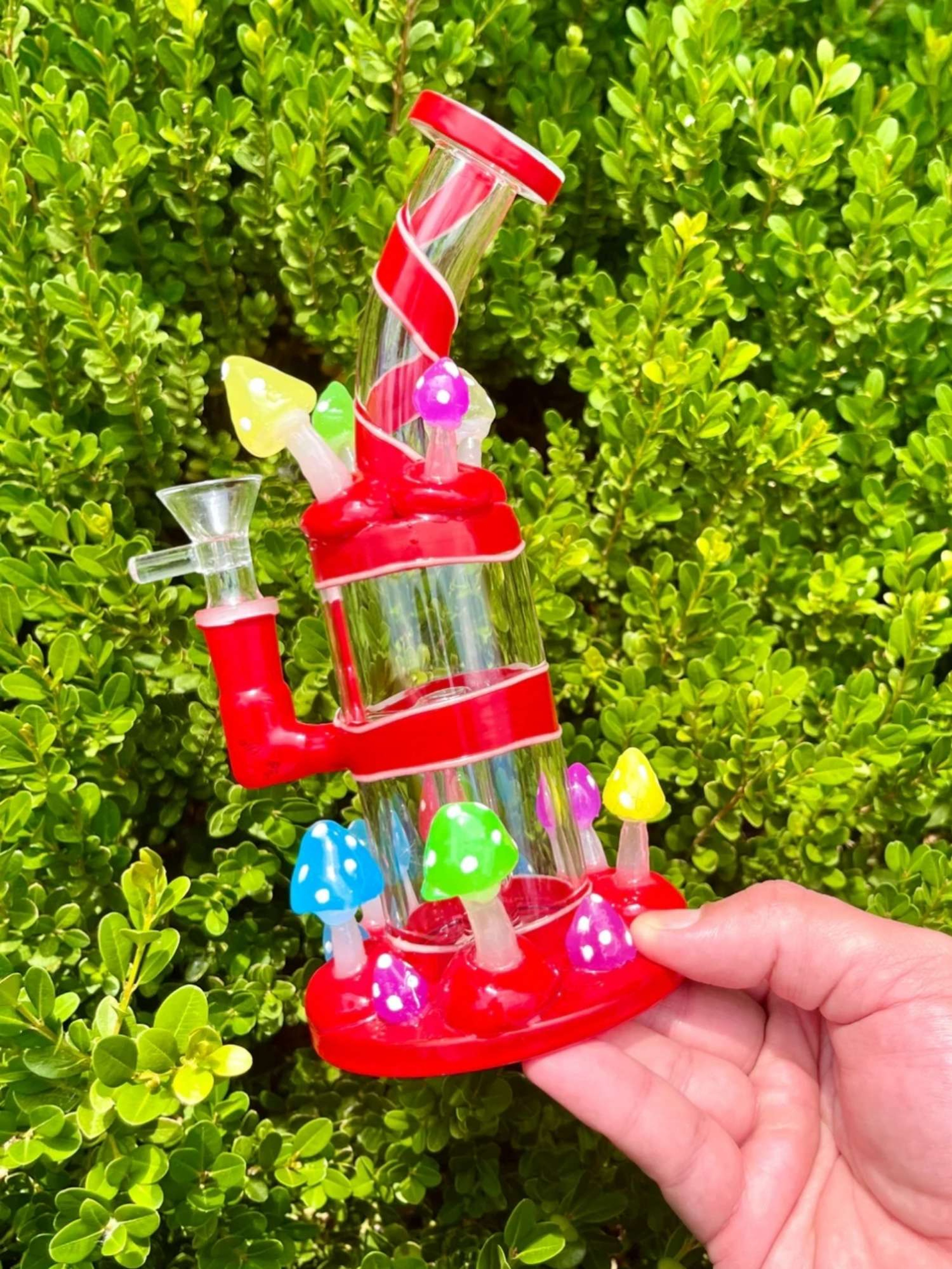 9-Inch Transparent Red Glass Rig Water Pipe Bong with Colorful Mushrooms image 0