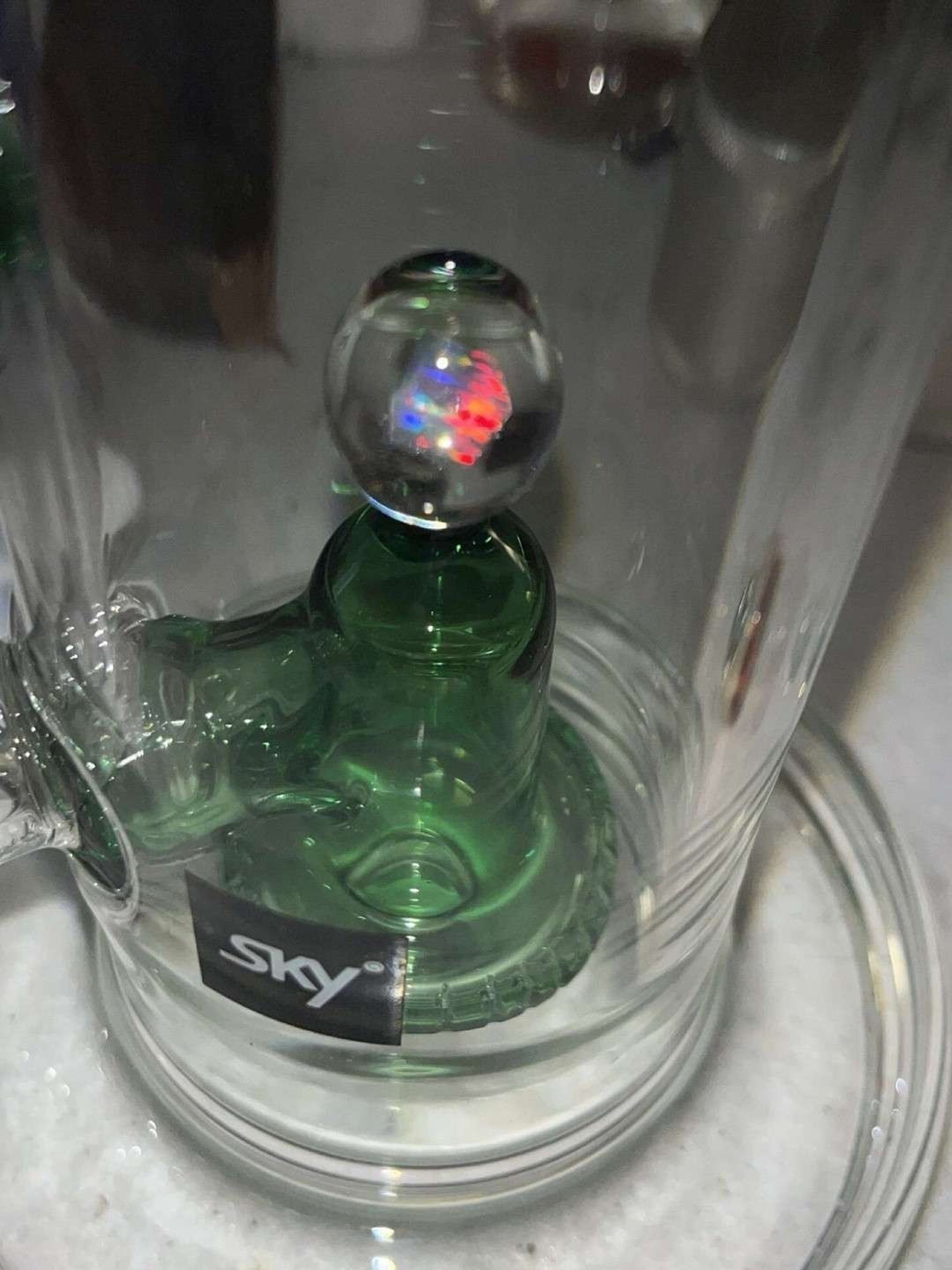 Preview pic of *PRICE DROP* Sky Glass Eclipse accented green w/ grandpa glass opal cube