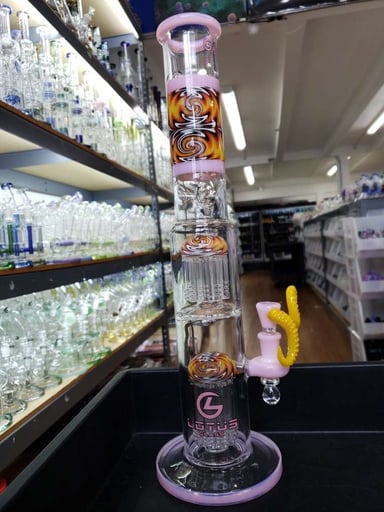 Preview pic of Lotus 16in Milky Pink Double Tree Perc Water Pipe