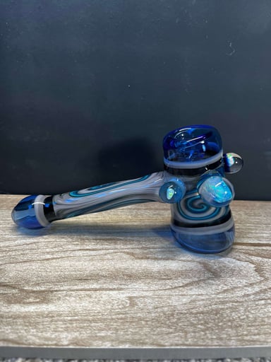 Preview pic of Blue wig wag Hammer Pipe with 3 opals, including one massive XXL Opal!