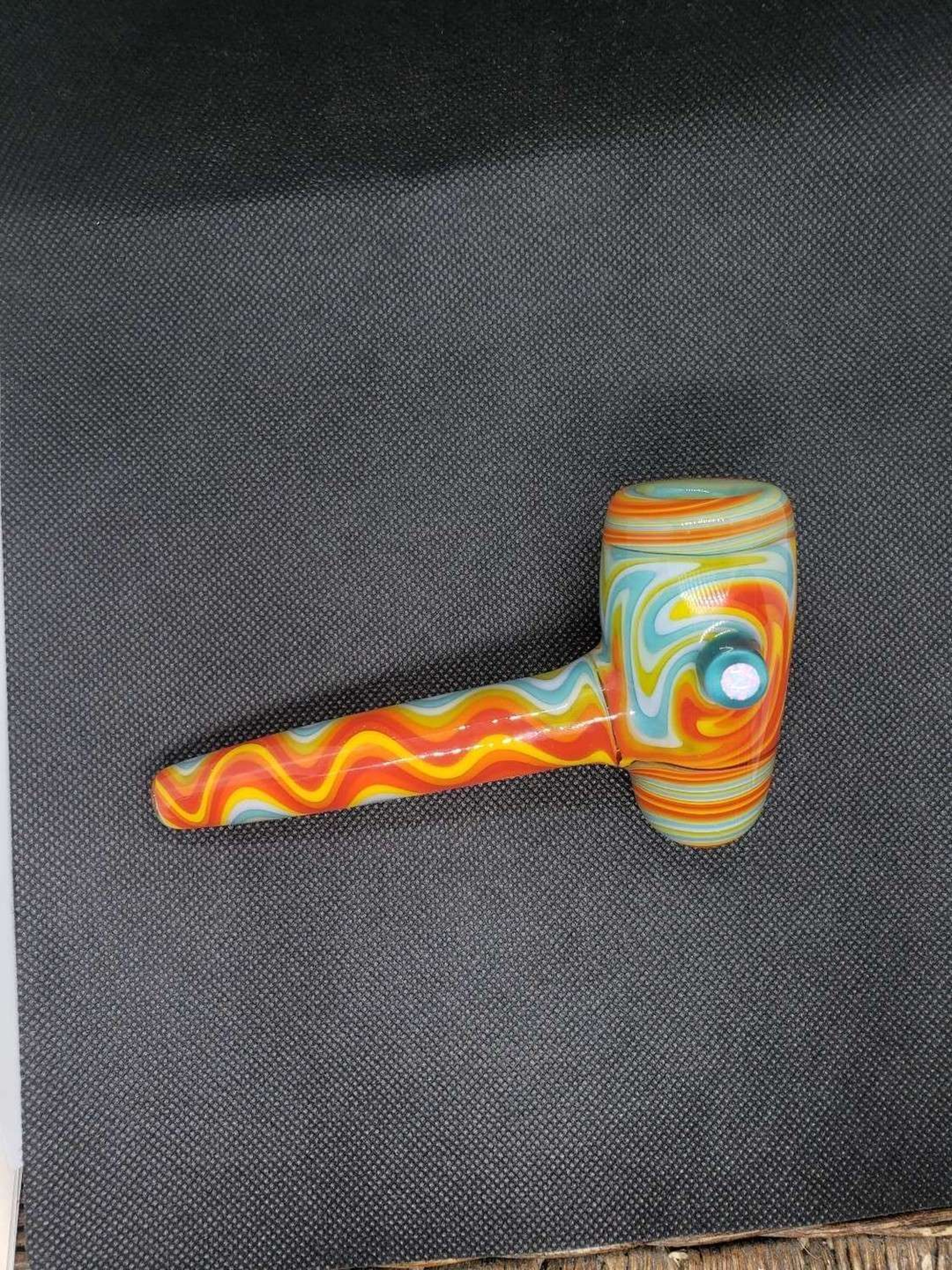 Preview pic of Corn cob style pipe Wigwaged out and features a nice coin 5mm coin opal.