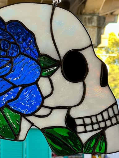 Preview pic of Stained glass blue rose skull panel