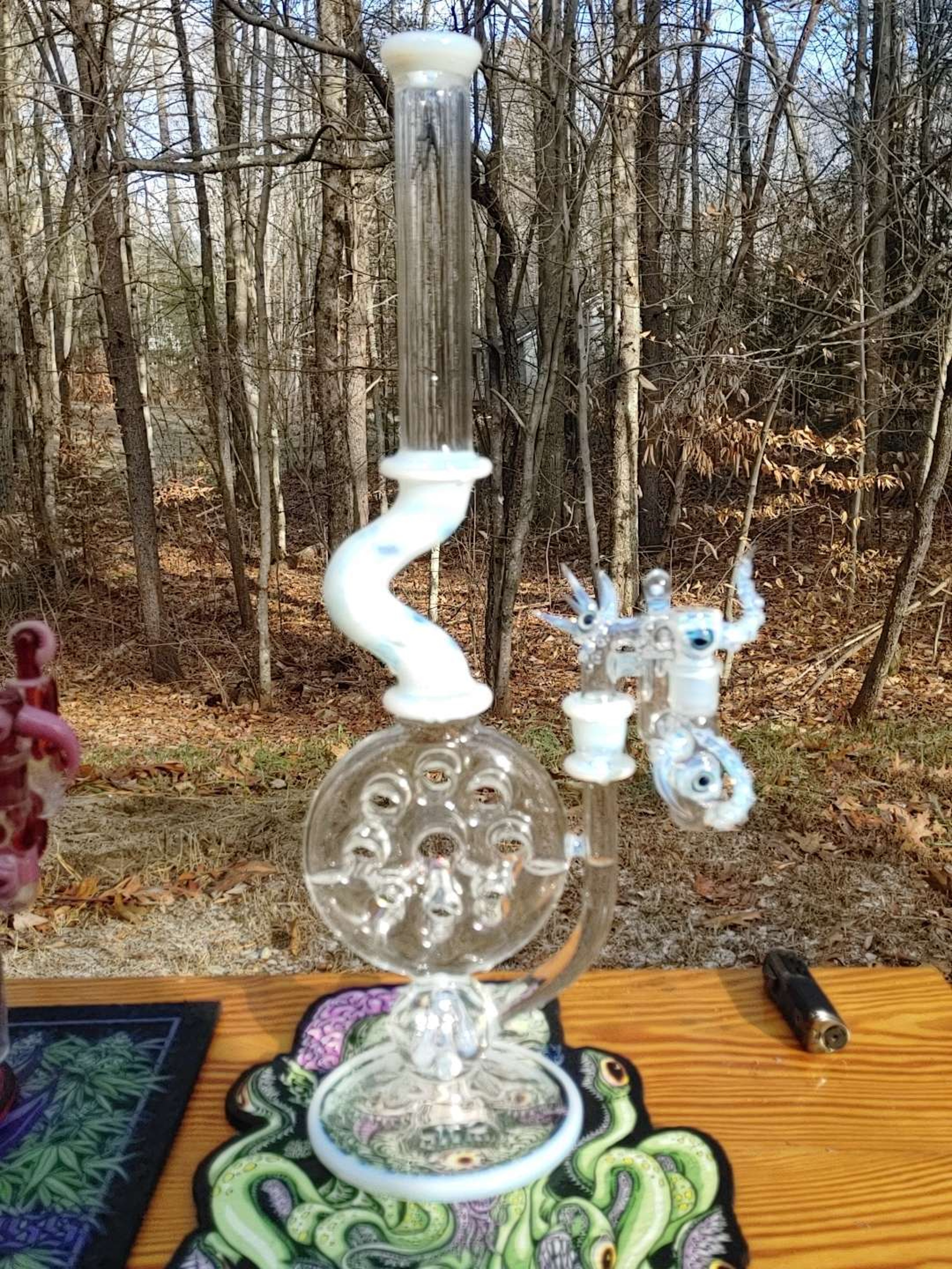 Uzzi glass 19.5 inch tall swiss 9 hole w papa p ashcatcher (dropdown) and fully worked bowl image 0