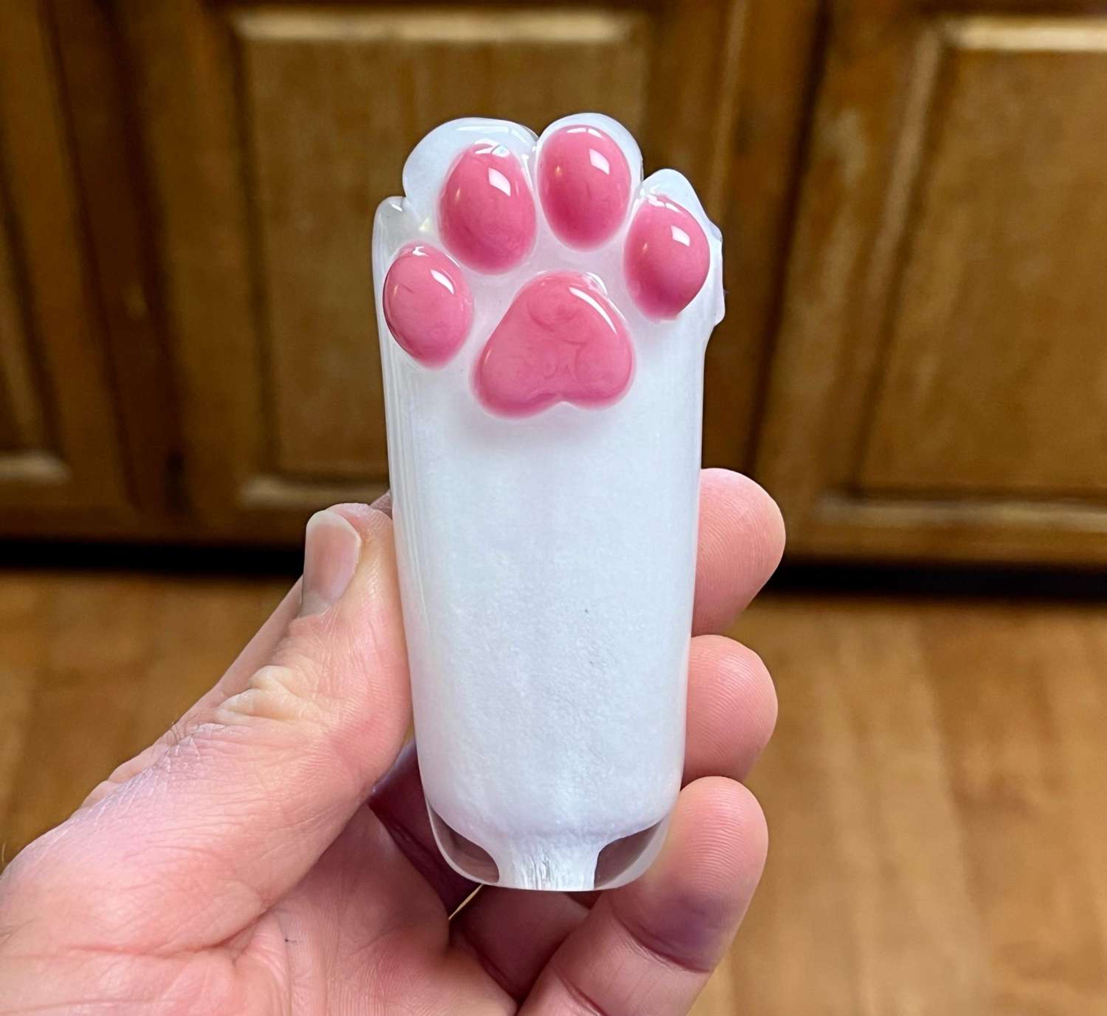 Preview pic of Hand blown White Cat Paw with Pink beans.