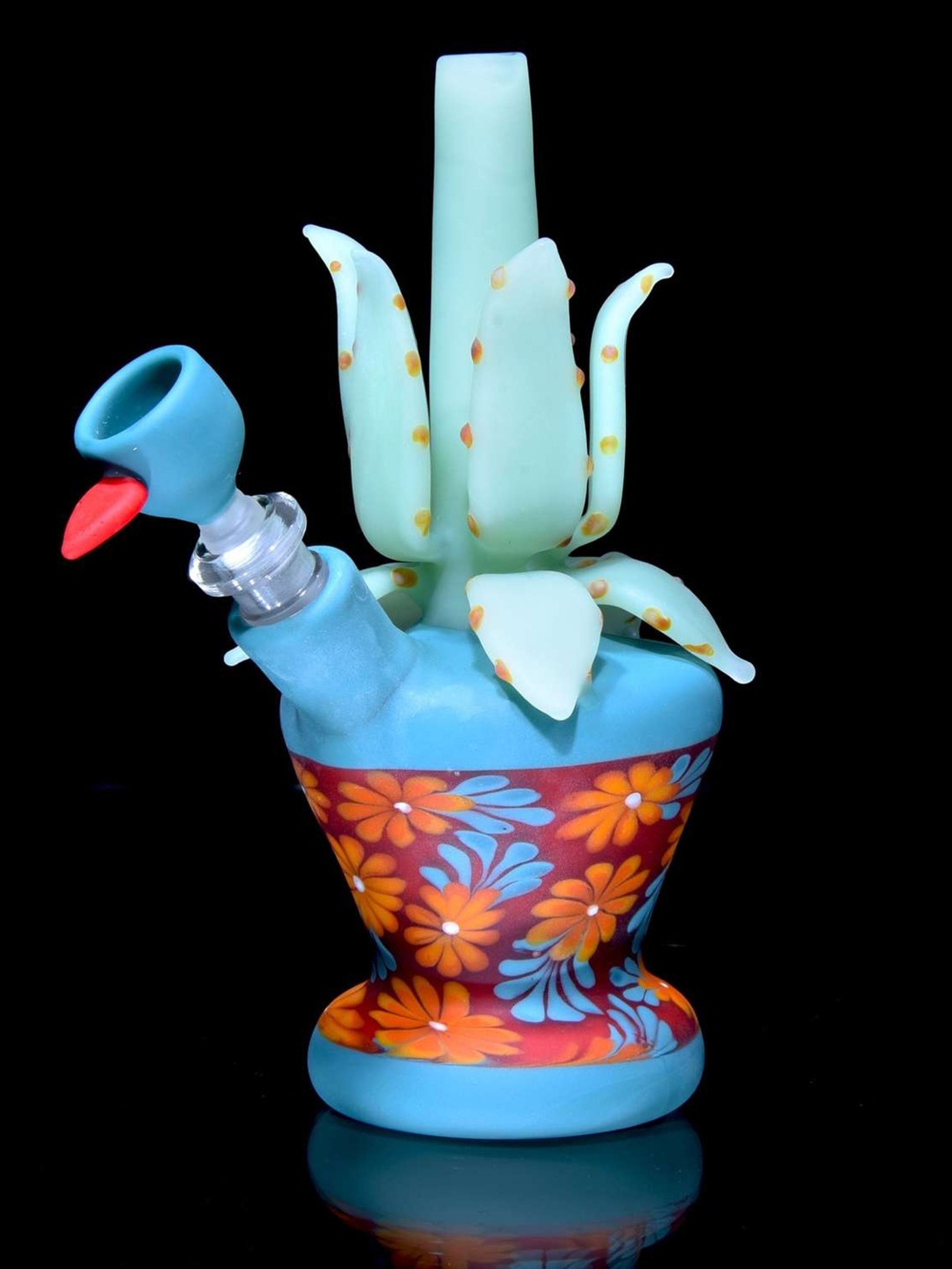 Preview pic of Sarita Glass - Frosted Floral Pattern Aloe Vase Mini Tube w/ Removable Downstem - 10mm Female