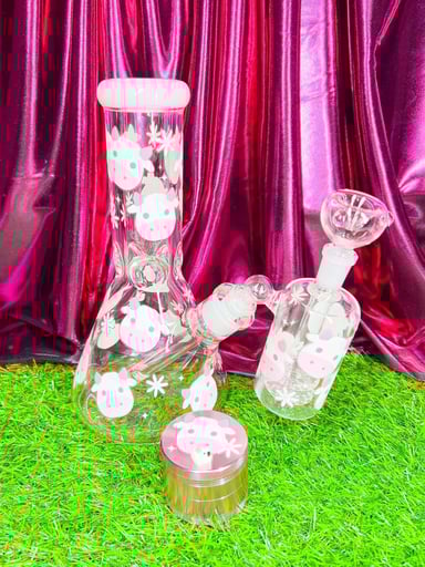Preview pic of Pink Cow 10in Beaker Bong With Ash Catcher & Grinder