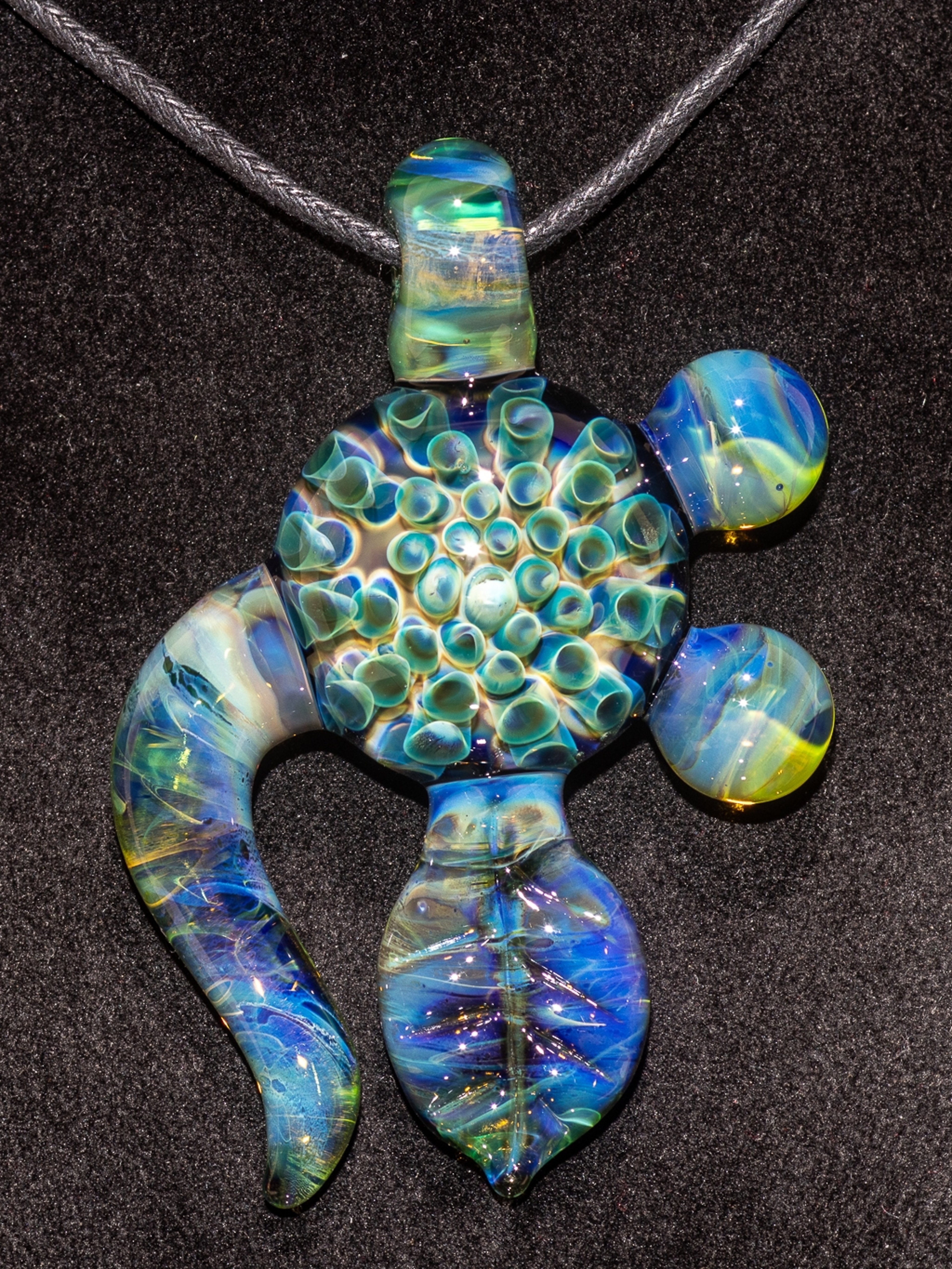 Preview pic of Green Amber Purple Pendant | Dot Implosion Necklace | Large Sculpted Blue Green Leaf Horn Marble