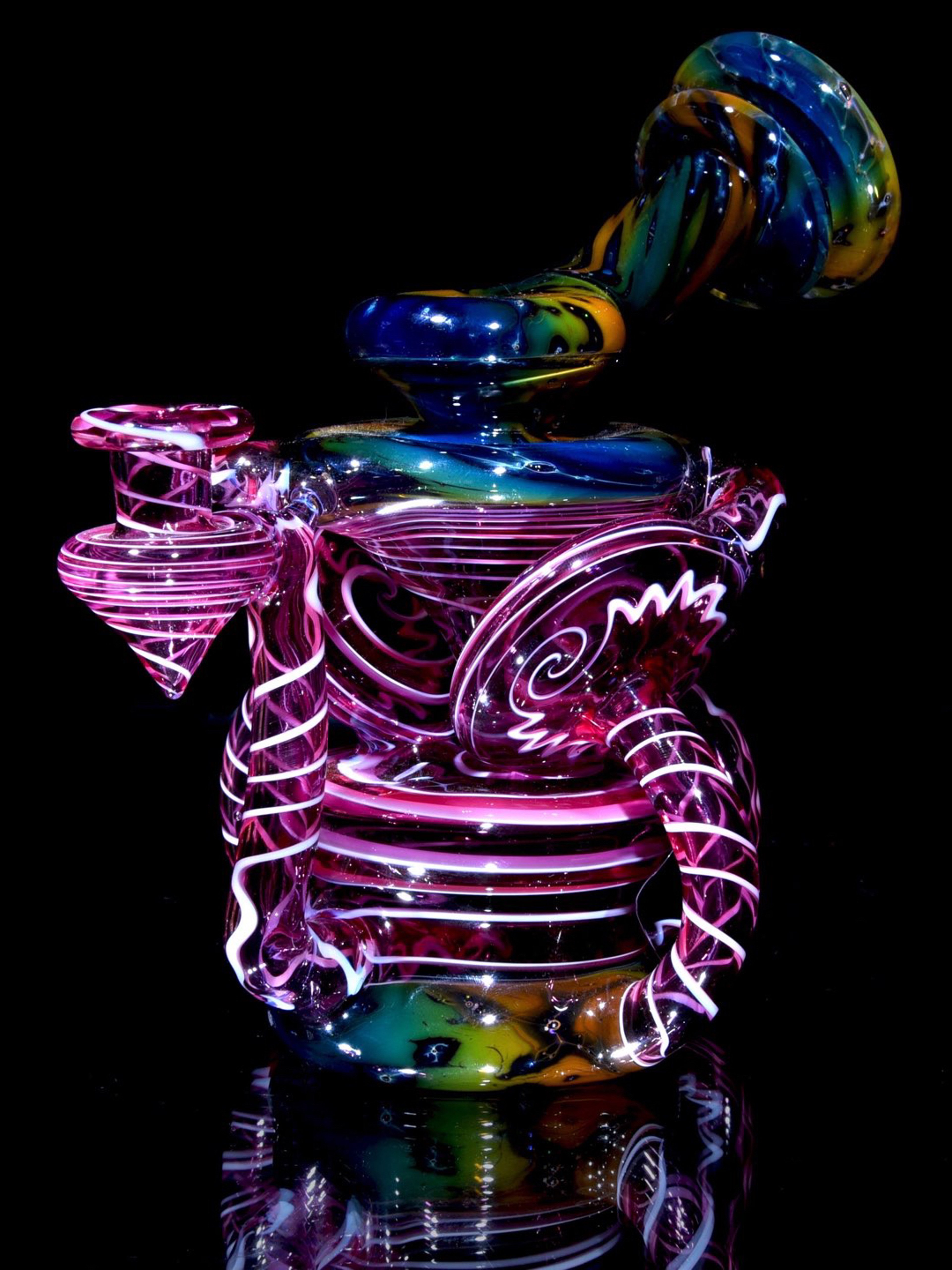 Preview pic of Jakers Glass - Crushed Opal Fume/Gold Ruby over Gold Amethyst & Lotus White Swirl Double Disk Triple Drain Recycler - 10mm Female