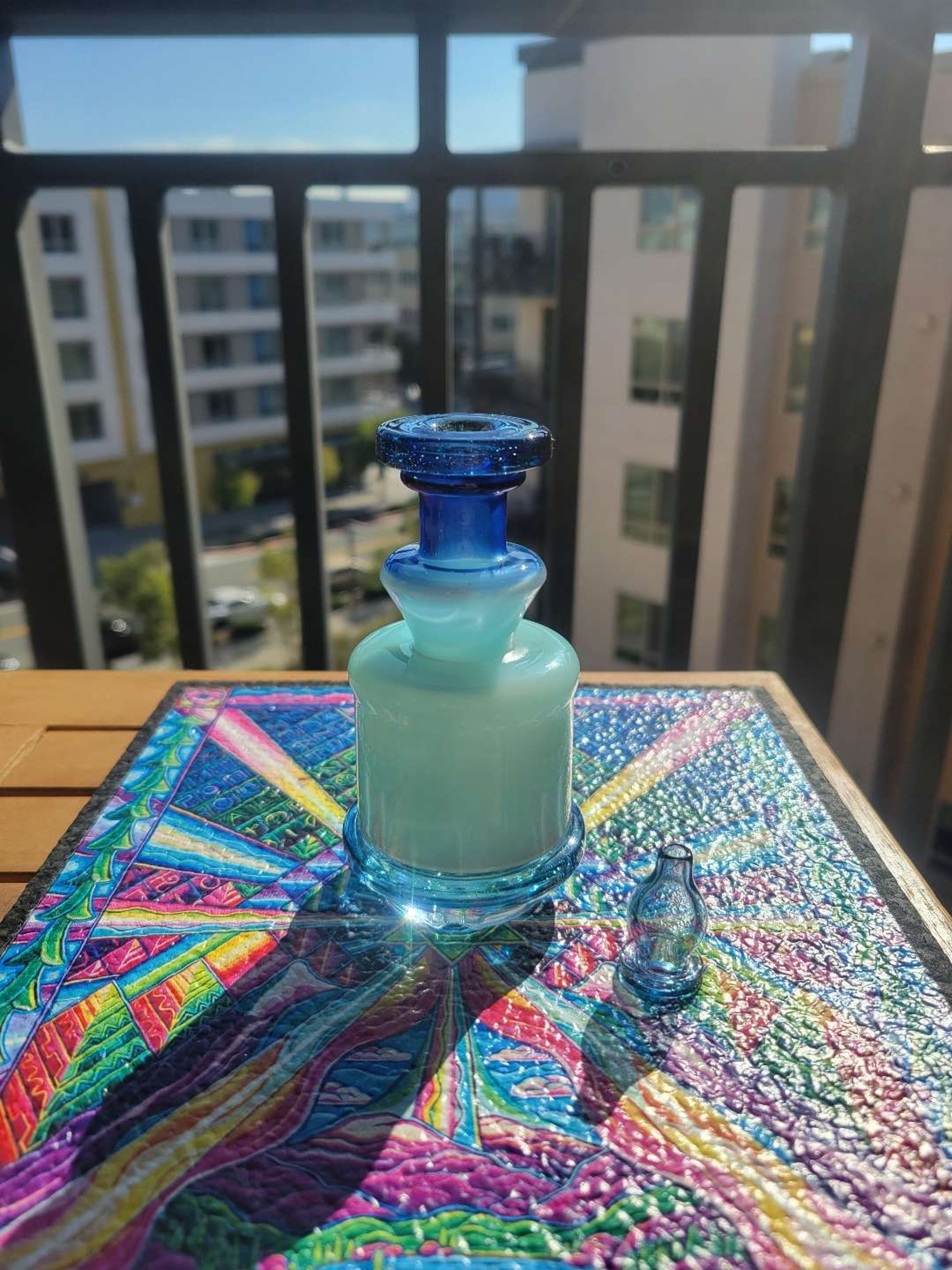 Preview pic of Ery Puffco Peak top Blue Stardust and Robin's Egg 2023 comes with matching Aaron Vigil bubble cap