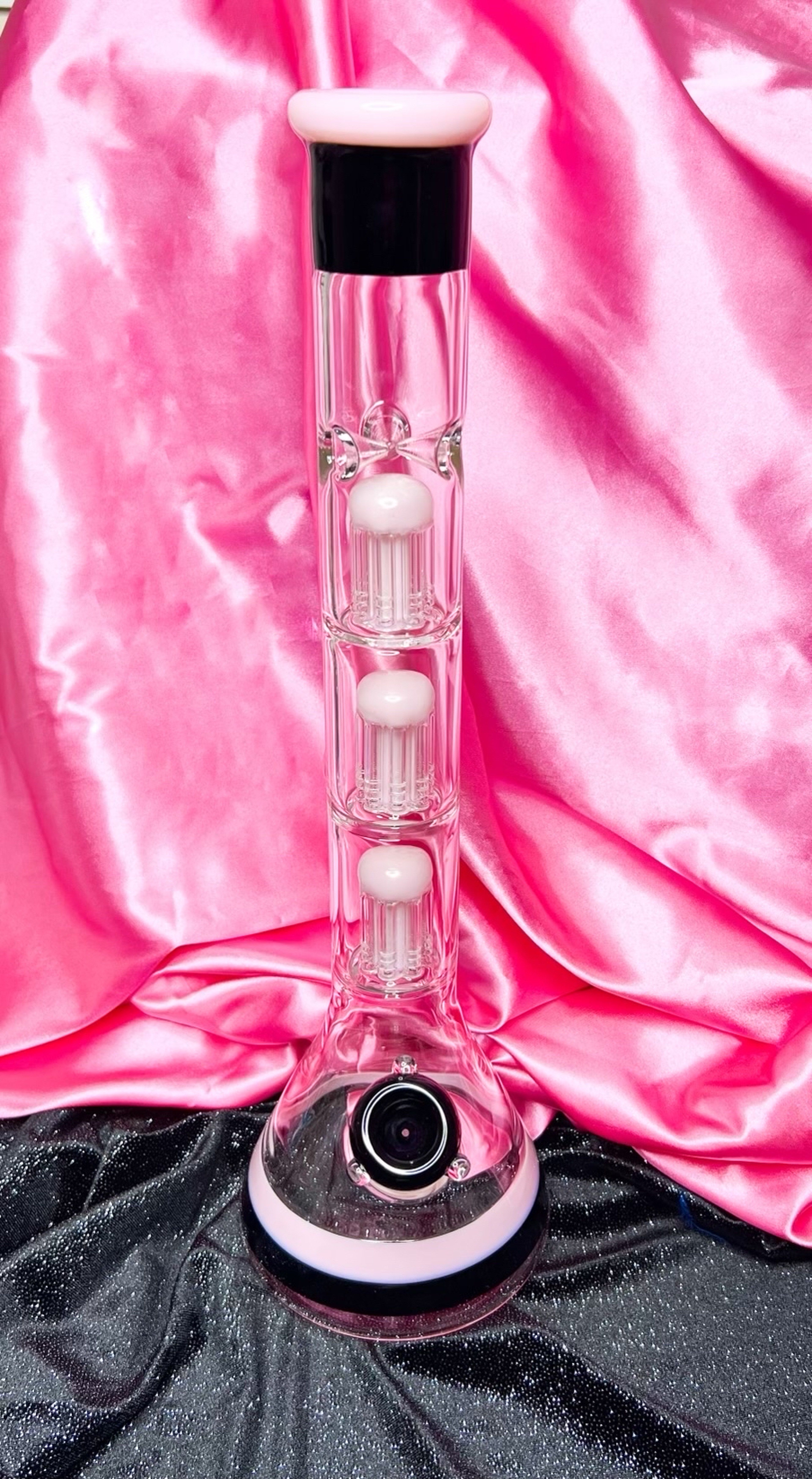 Preview pic of Pink Black 18in Triple Perc Beaker Bong