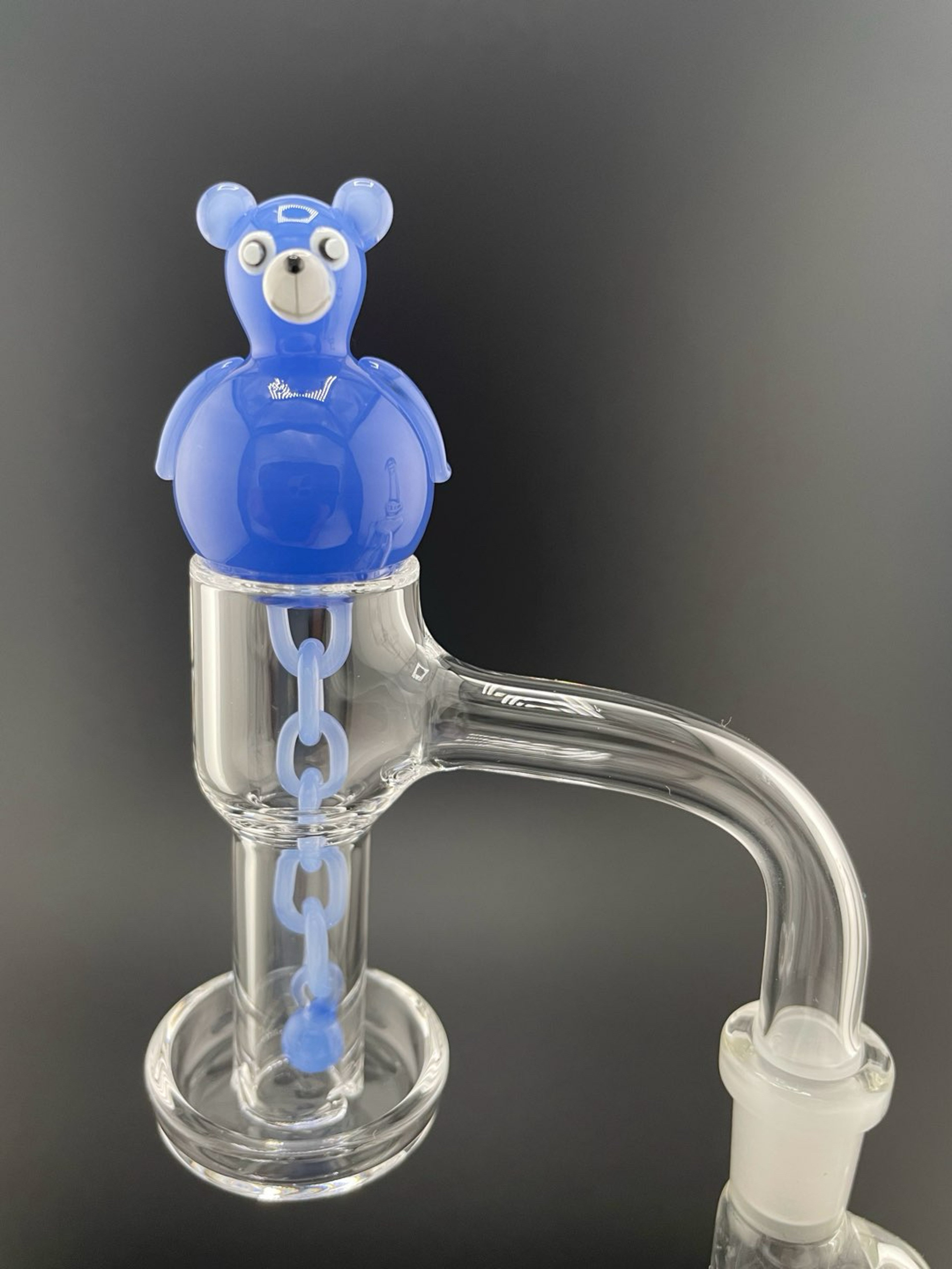 Preview pic of Full Weld Beveled Edge Quartz Terp Slurper Banger and Blue Bear Glass Chain Cap
