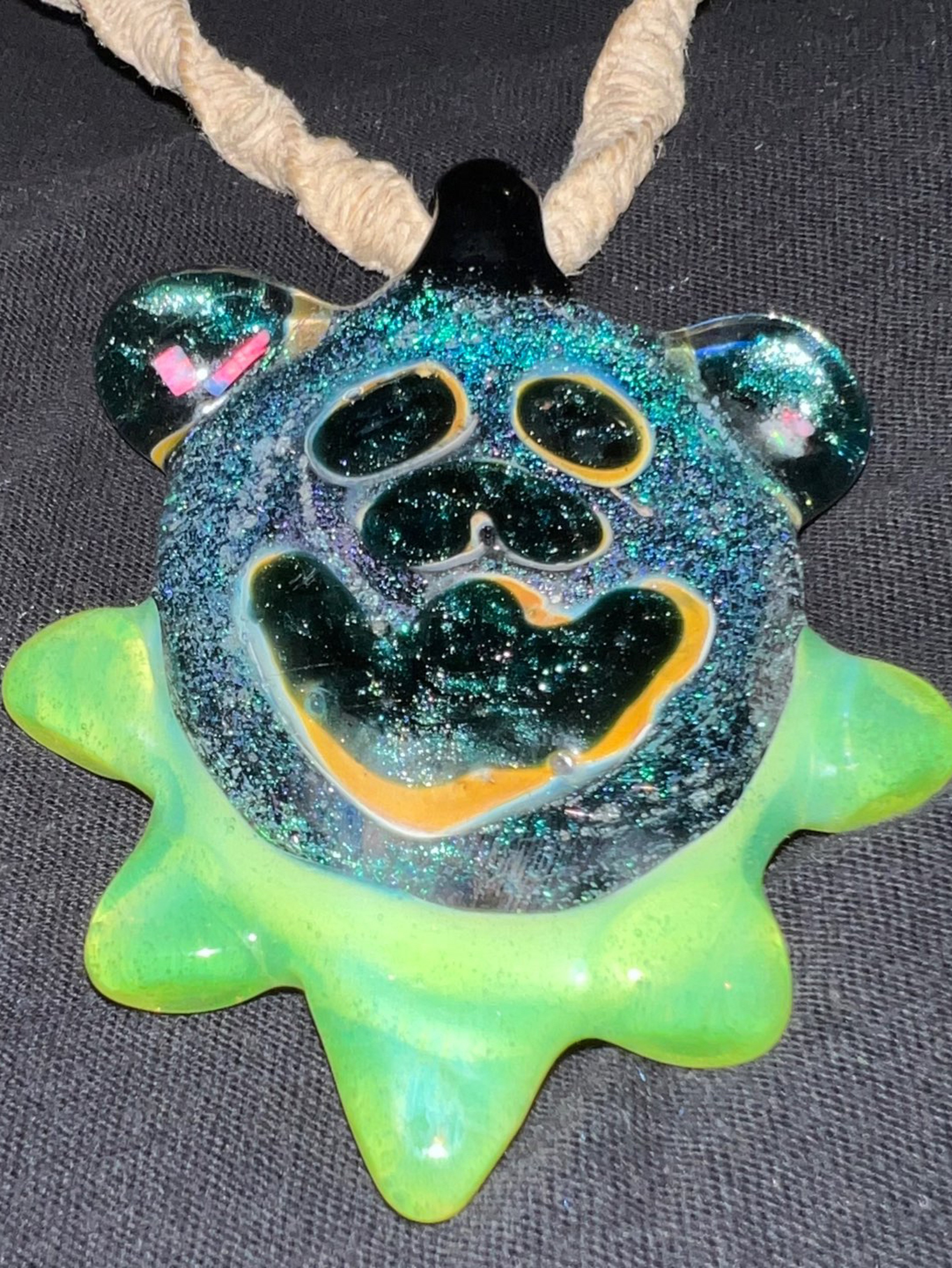 Preview pic of Trippy Dead Bear Grateful Dead Glass Pendant Rare Stealie Opals With Hemp Psychedelic
