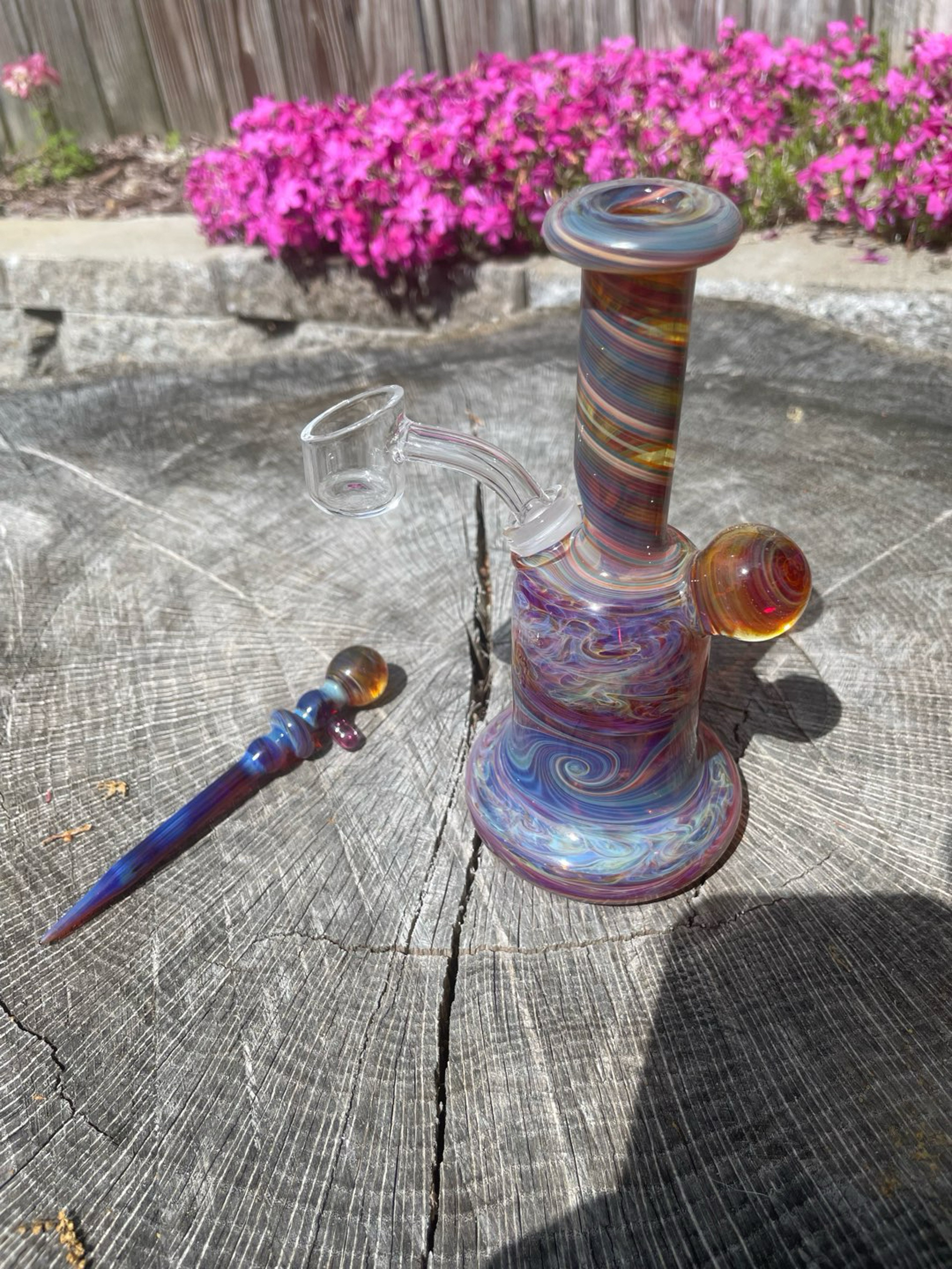 Preview pic of Red /blue swirled handblown rig with matching pick and banger