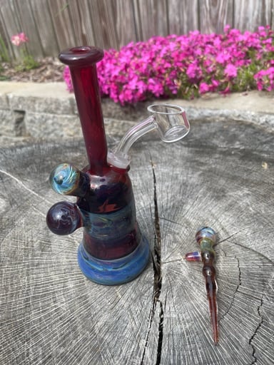 Preview pic of Red and Blue Handblown Rig with gemstone, matching tool &banger