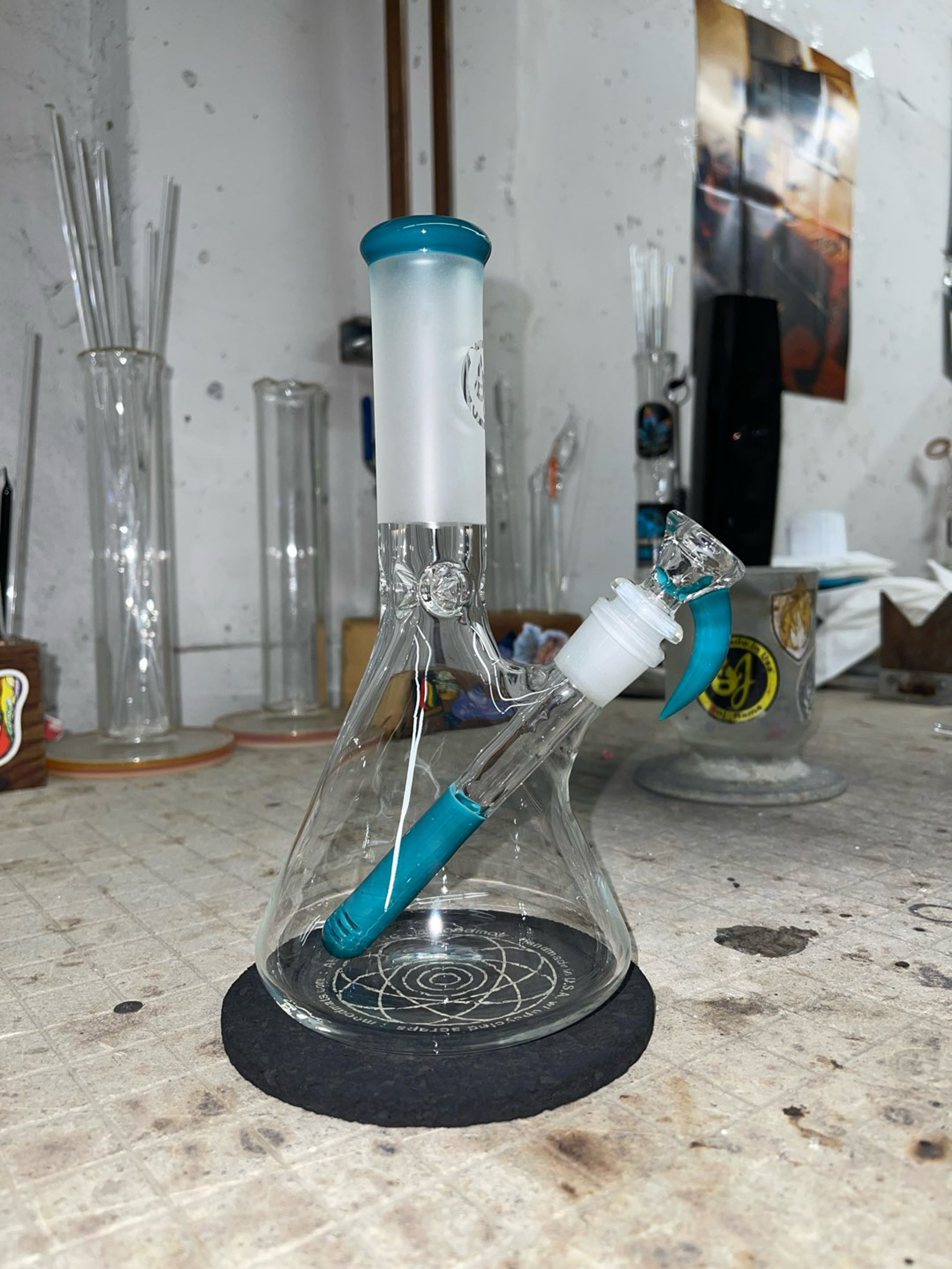 Preview pic of Aqua beaker,8 3/4” tall, 14mm 2 holes slide, 38mm mouthpiece