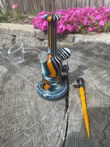 Preview pic of Striped Handblown Rig with matching tool and banger