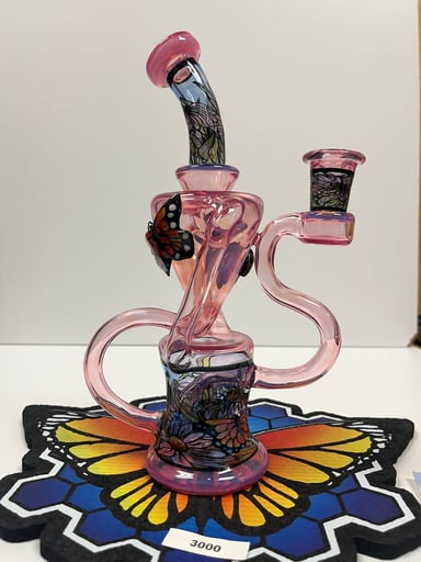 Preview pic of Windstar Glass custom Monarch Butterfly Recycler she is an award winner glass artist 14mm 90